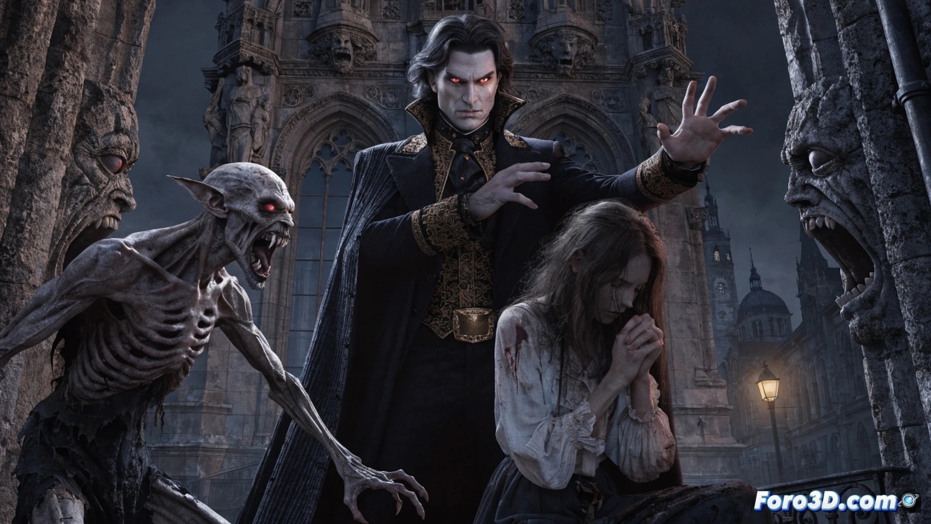 gothic vampire figure Andrew Bennett mid-transformation in dark cathedral ruin, fangs elongating while clutching a broken wooden stake, shadowy undead creatures lunging from arched windows, blood-red moonlight casting dramatic highlights on pale skin and tattered cape, crumbling stone altar with ancient runes, mystical energy trails swirling around his hands during the defensive gesture, cinematic horror illustration, dramatic chiaroscuro lighting, gothic architecture background, photorealistic character render, dark crimson and midnight blue color palette, mist rising from cobblestone floor, action demonstrating internal struggle between curse and heroism