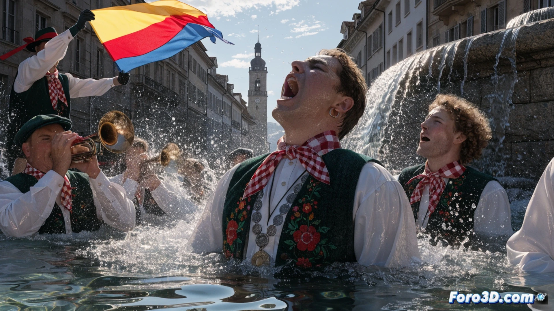 Basler yodellers sumergidos en una fuente pública de piedra caliza, agua cristalina salpicando mientras un intérprete canta con la boca abierta y manos en el pecho, trompista alpino con cuerno de madera de 4 metros parcialmente bajo el agua, lanzador de banderas agitando una enseña roja con movimiento giratorio, chorros de fuente verticales refractando la luz solar intensa, público con sombrillas y abanicos observando desde adoquines mojados, estilo cinematográfico realista, claroscuro dramático, textura de agua en movimiento con reflejos dorados, vapor de calor elevándose, ultra-detallado, photorealistic technical render