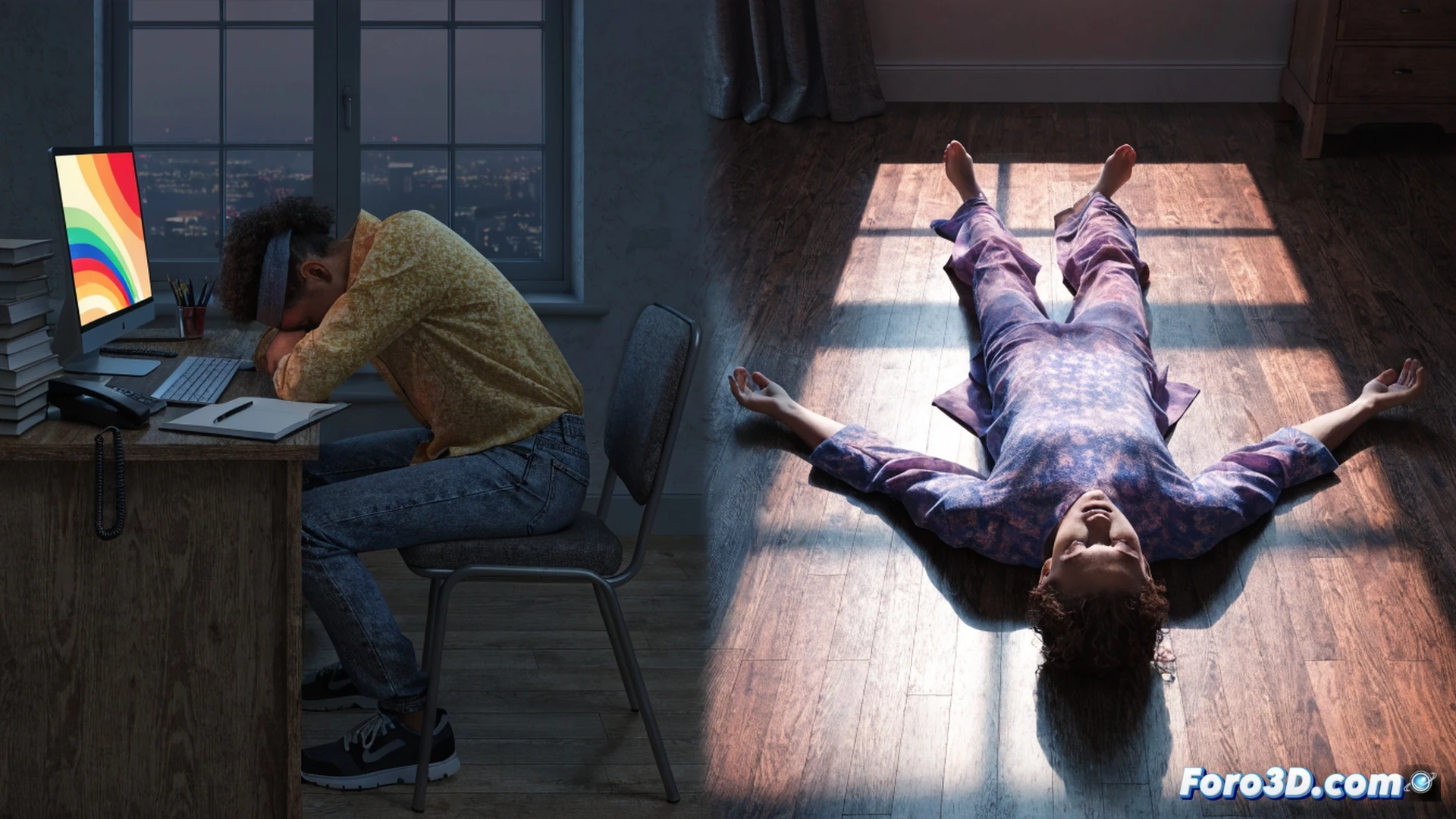 professional woman in corporate attire lying in savasana pose on a yoga mat inside a modern office, laptop with glowing screen nearby, stress symbols like crumpled papers and a half-empty coffee cup on desk in background, soft natural light from window illuminating her relaxed face, cinematic photorealistic visualization, subtle blue light particles representing energy flow around her body, calm atmosphere contrasting with chaotic work environment, ultra-detailed textures on fabric and skin, dramatic chiaroscuro lighting, high-end commercial photography style