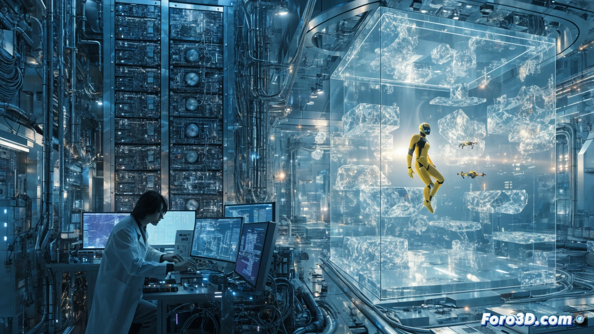 Naoki Yoshida sentado frente a una pantalla holográfica mostrando una arquitectura de servidores en la nube, un brazo robótico con interfaz de IA manipulando nodos de datos brillantes mientras engranajes financieros flotan alrededor, proceso de reducción de costos visible como líneas de conexión que se simplifican, estilo cinematic engineering visualization, iluminación dramática azul y naranja, reflejos metálicos en el escritorio, texturas de circuitos y fibra óptica, fotorealismo técnico con profundidad de campo.