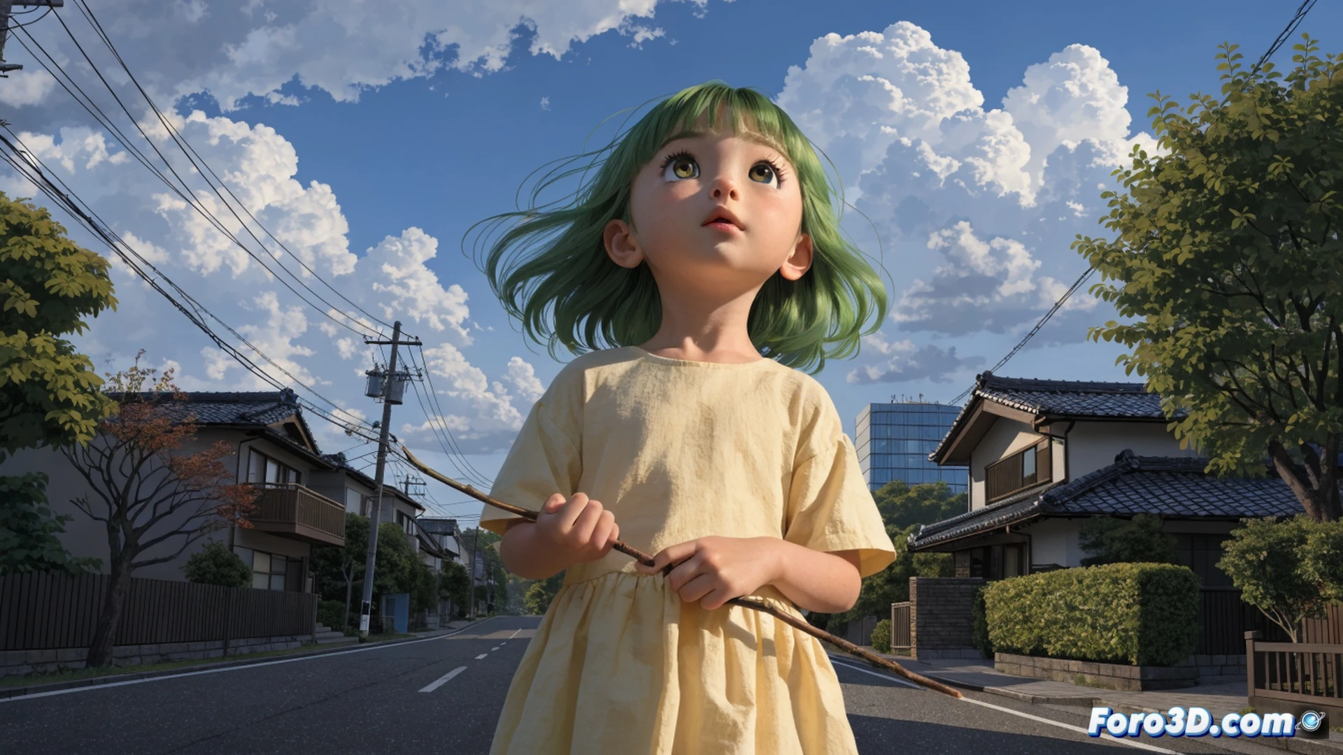 young girl with bright green hair standing on tiptoes reaching toward a window air conditioning unit, cool air visibly streaming across her face, her hand pressing a button while her expression shows pure wonder, living room with moving boxes and unpacked furniture, sunlight casting long shadows through blinds, cinematic slice-of-life style, photorealistic illustration, warm indoor lighting contrasting with cool blue air stream, dust particles sparkling in the light beam, detailed textures on wooden floor and cardboard boxes, soft focus background emphasizing the moment of discovery, ultra-detailed everyday objects, emotional storytelling through body language