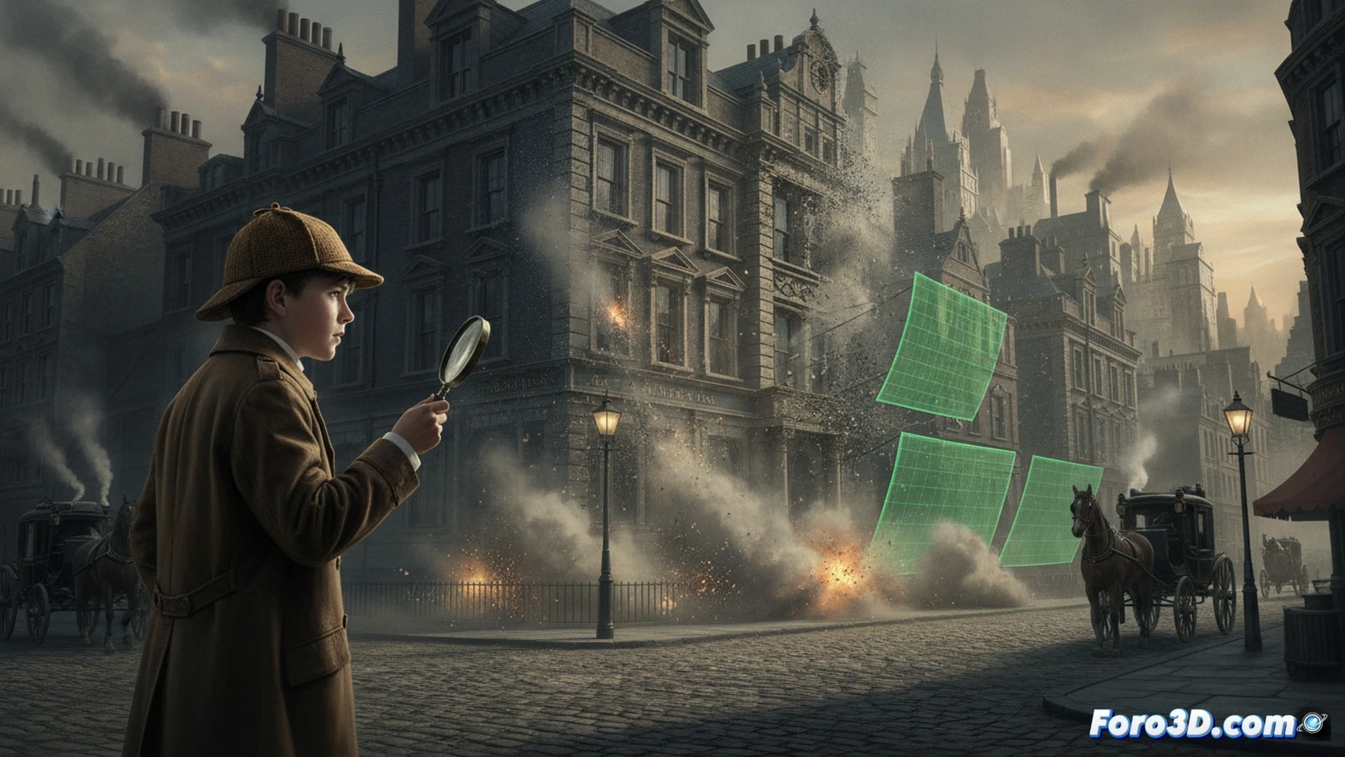 Victorian London street during a controlled explosion scene, film crew removing modern elements like satellite dishes and traffic signs, large green screen backdrop behind cobblestone alley, BlueBolt VFX artists in background tracking digital extensions on monitors, period-accurate gas lamps and horse-drawn carriage, young actor in tweed coat holding magnifying glass amidst smoke and debris, cinematic photorealistic technical illustration, dramatic low-angle lighting, dust particles catching sunlight, seamless practical and digital integration, ultra-detailed period set construction