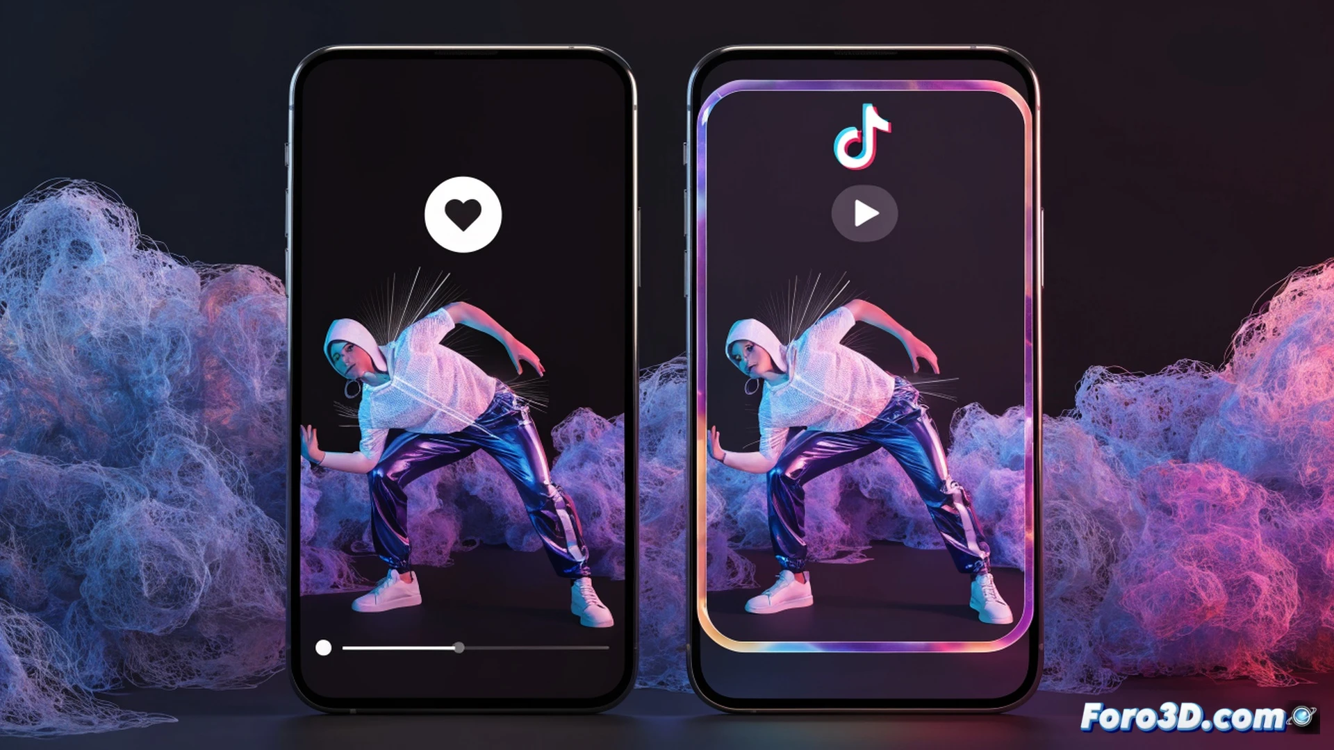 smartphone screen showing YouTube Shorts interface transformation, finger swiping down to activate double speed playback, clean mode hiding all icons and text, heart button appearing next to video while thumbs-down button disappears, smooth user interface transition, photorealistic product visualization, glowing UI elements, subtle motion blur during gesture, reflective glass screen, dark mode background, ultra-detailed app icons fading out, technical illustration style, cinematic macro shot of mobile device, realistic lighting on screen surface