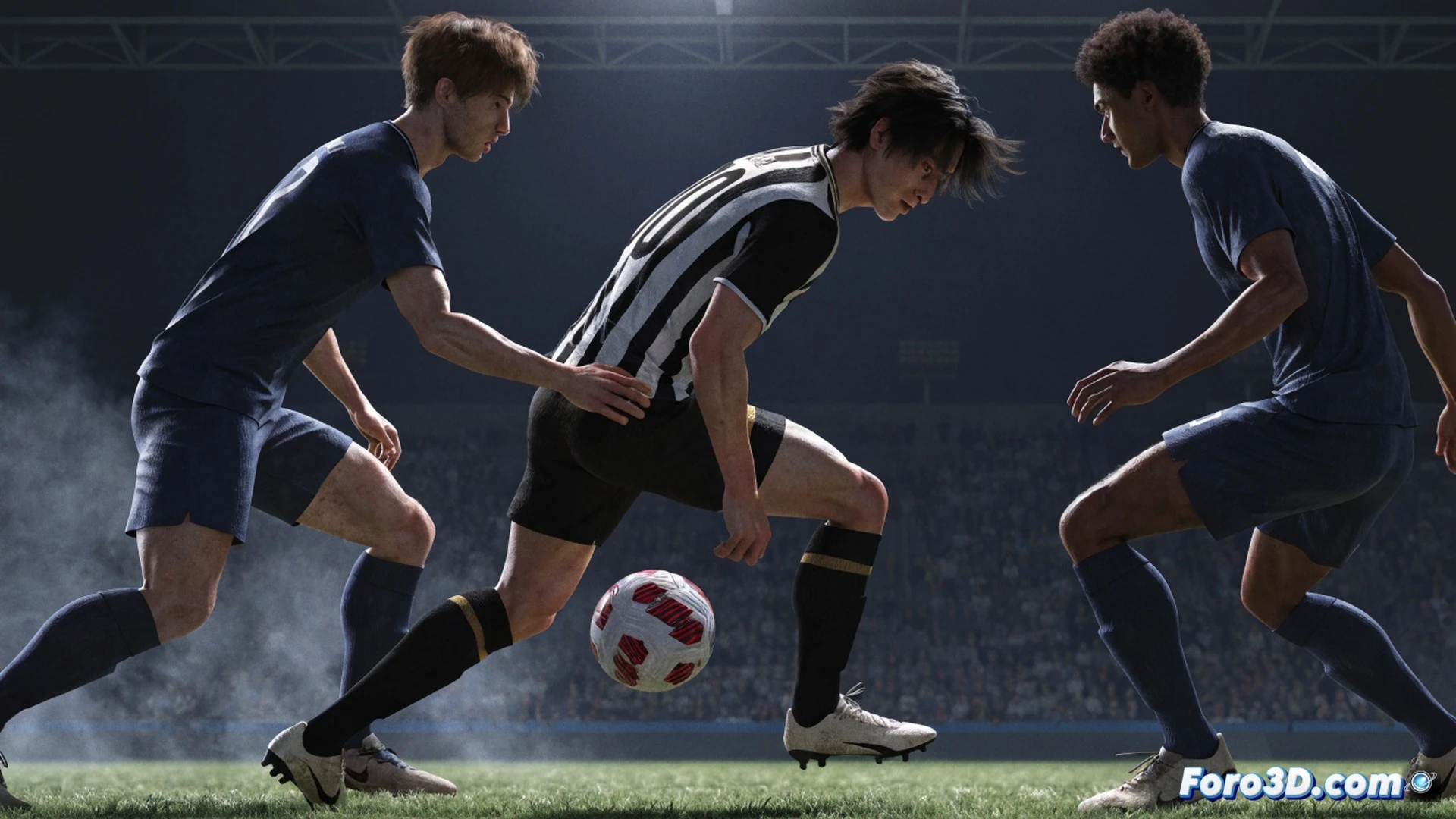 japanese winger in full sprint, performing a tight dribble past a defender in a crowded penalty area, 3D wireframe overlay showing precise foot placement and body lean, passing lane highlighted with glowing trajectory lines, goalkeeper caught off guard, technical football simulation, photorealistic render, cool stadium lighting, green grass texture, dynamic motion blur, sweat droplets, high-contrast shadows, cinematic camera angle from low ground, detailed player model with kit and boots, tactical analysis visualization