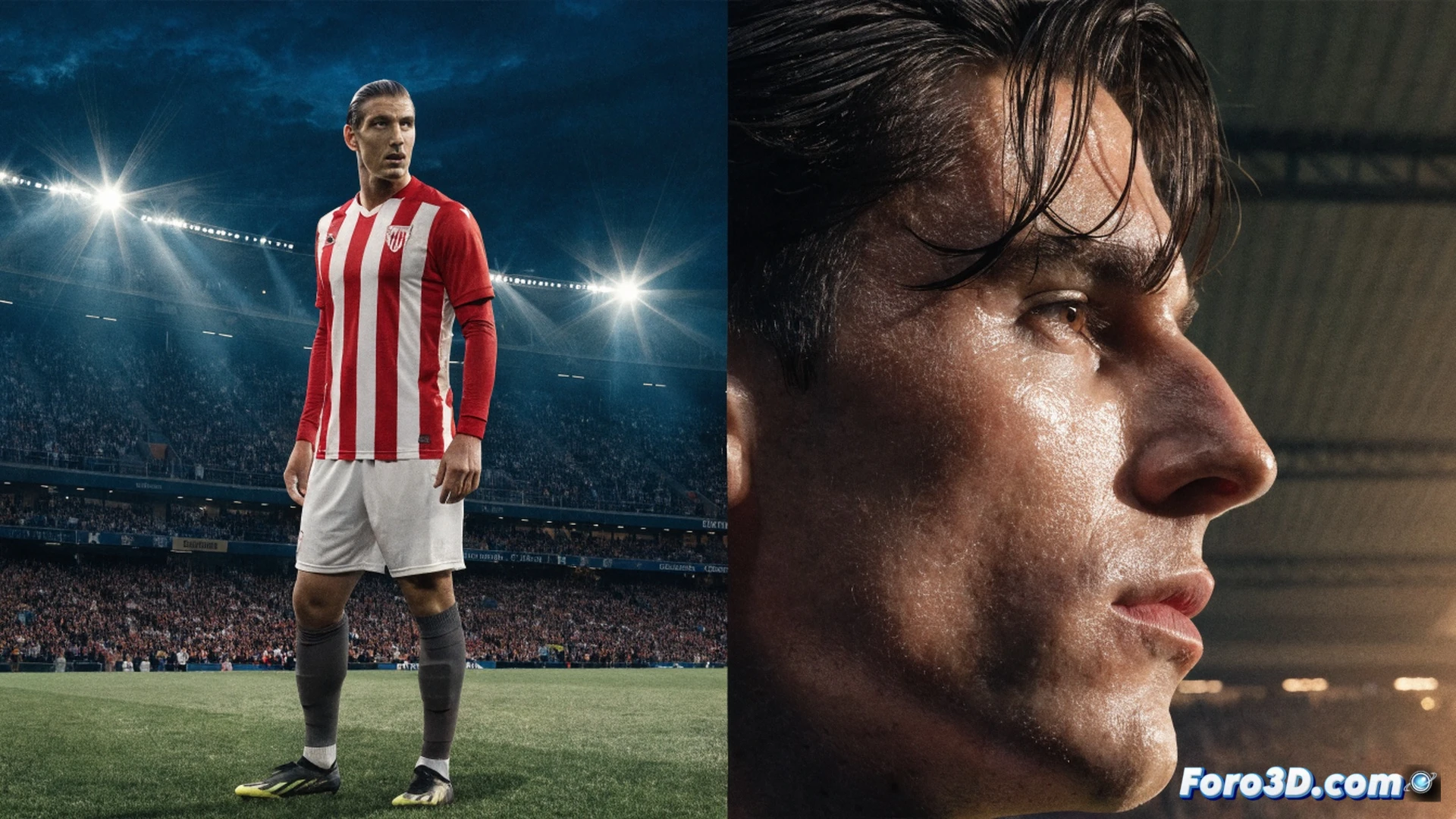 Athletic Club defender Yuri Berchiche executing a sliding tackle on a rain-soaked San Mamés pitch, left boot connecting with the ball, grass blades spraying upward, stadium floodlights casting dramatic shadows, red and white striped kit contrasting with dark wet turf, Copa del Rey trophy glowing faintly in background mist, cinematic sports photography style, motion blur on trailing leg, water droplets frozen mid-air, ultra-detailed fabric texture on jersey, photorealistic stadium atmosphere, dramatic low-angle action shot