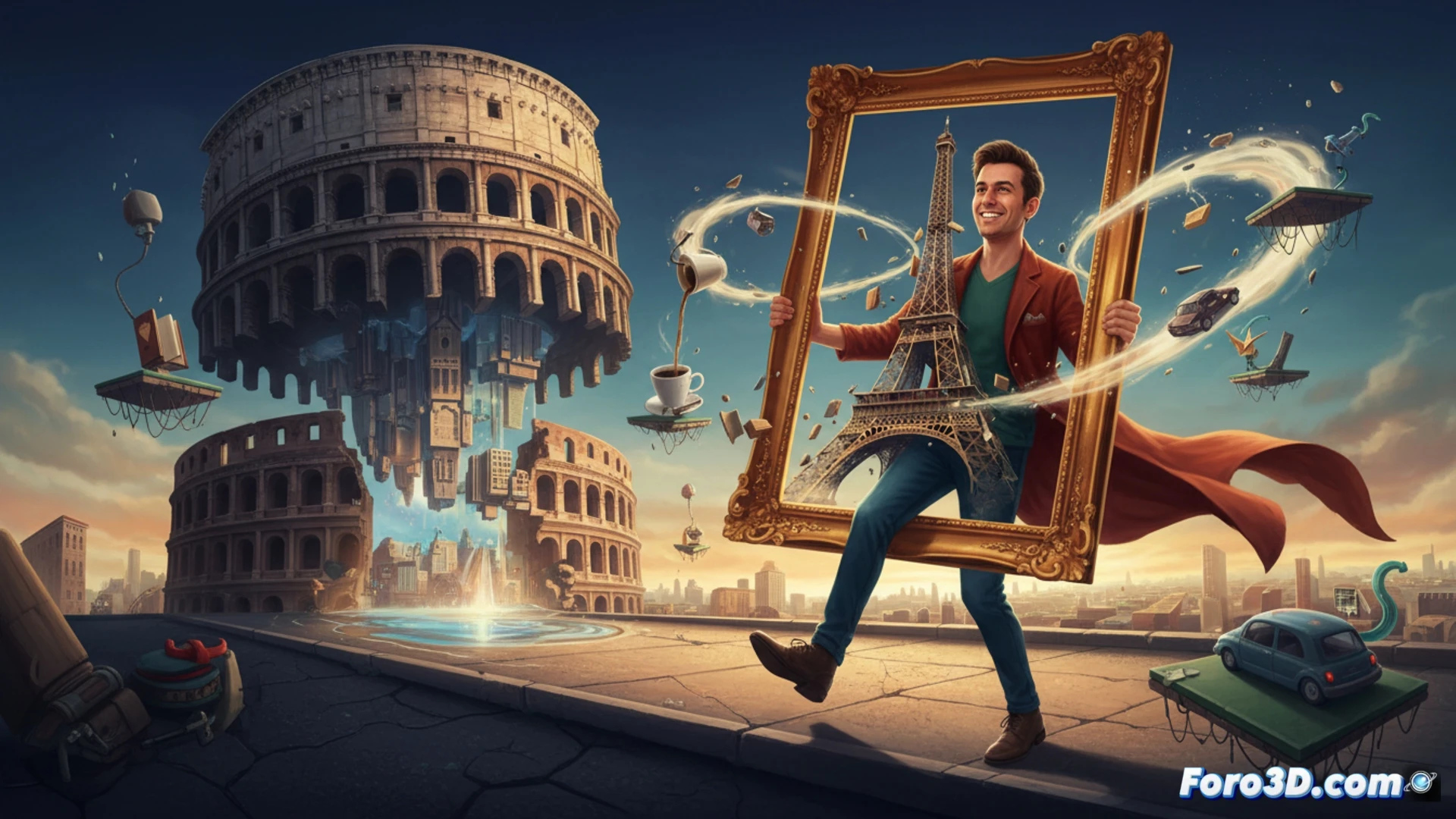 Zach King standing on a real London street, Big Ben visible behind him, performing a levitation trick while holding a paintbrush and palette, one foot stepping onto a floating canvas that hovers mid-air, practical ropes and hidden supports subtly visible, camera rig and lighting equipment on set, cinematic photorealistic style, natural daylight casting long shadows, action frozen mid-motion, demonstrating human-crafted illusion without digital effects, detailed urban background with red double-decker bus passing, dramatic depth of field, ultra-realistic textures on brick and stone