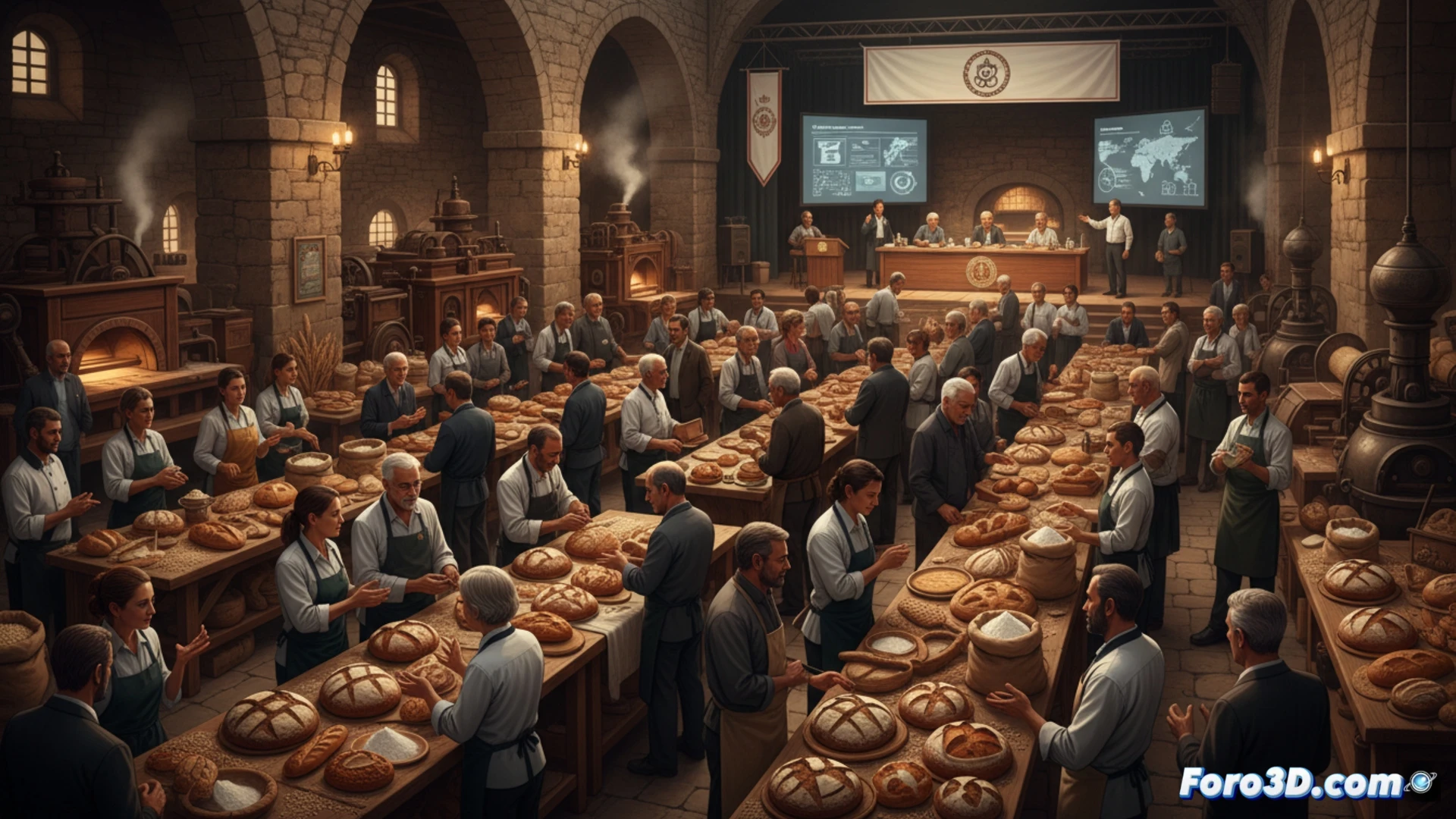 international bread and flour congress in Zamora, master bakers and engineers examining artisan dough fermentation process, glass-walled laboratory showing temperature-controlled proofing chambers, hands kneading heritage wheat dough on marble surface, holographic display of gluten network formation, wooden flour bins and modern digital scales visible, cinematic photorealistic technical illustration, warm golden lighting from overhead bakery lamps, steam rising from fresh loaves in background, wooden tables with technical flour sifters and hydration calculators, ultra-detailed grain textures and flour dust particles in air, professional culinary engineering atmosphere