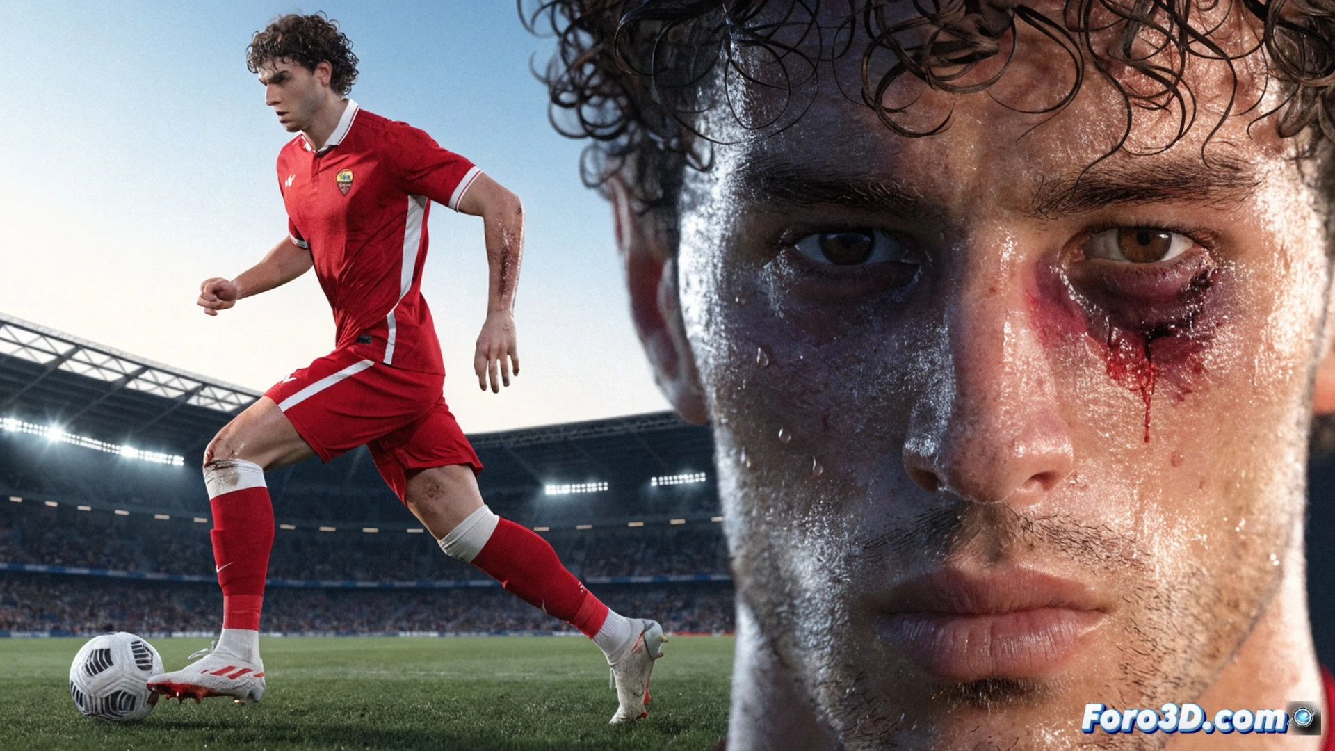 Nicolo Zaniolo dribbling in tight space, left foot striking ball with explosive power, trajectory lines showing 3D shot path and spin, defensive players lunging, hybrid playmaker-winger stance, dynamic motion blur, stadium floodlights, sweat beading on temple, muscle tension visible through jersey, technical data overlay with heat zones and pressure points, cinematic sports illustration, photorealistic rendering, dramatic low-angle shot, artificial turf texture, high-speed action freeze frame, glowing tactical arrows