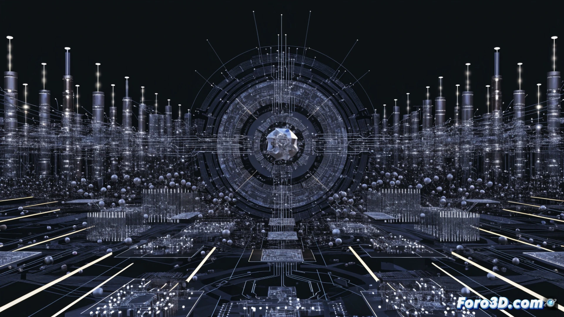 compleja red logística empresarial con nodos interconectados, un ordenador cuántico con puertas lógicas y chips superconductores procesando datos en tiempo real, mientras un flujo de camiones y rutas de entrega se optimizan dinámicamente, ingeniero supervisando una pantalla holográfica con algoritmos híbridos clásico-cuánticos, mostrando partículas de luz y circuitos fusionándose durante el cálculo, estilo cinematic engineering visualization, iluminación azul neón y dorada, texturas metálicas pulidas, profundidad de campo, render fotorrealista técnico
