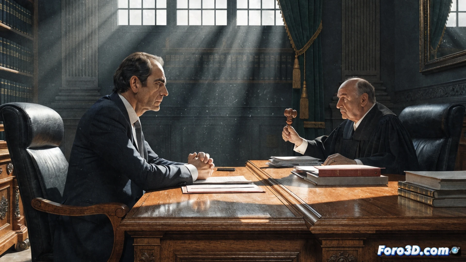 A courtroom scene showing a former president sitting at a polished wooden table, hands clasped, face tense, while a judge holds a thick case file marked with sealed evidence folders. On the table, a laptop displays a blurred document interface, a gavel rests nearby, and a digital clock shows time passing. Photorealistic cinematic style, dramatic shadows from venetian blinds, cold blue and grey lighting, legal documents stacked, microphones on the bench, security cameras mounted on walls, shallow depth of field focusing on the accused’s uneasy posture and the judge’s pointing finger, technical legal visualization.