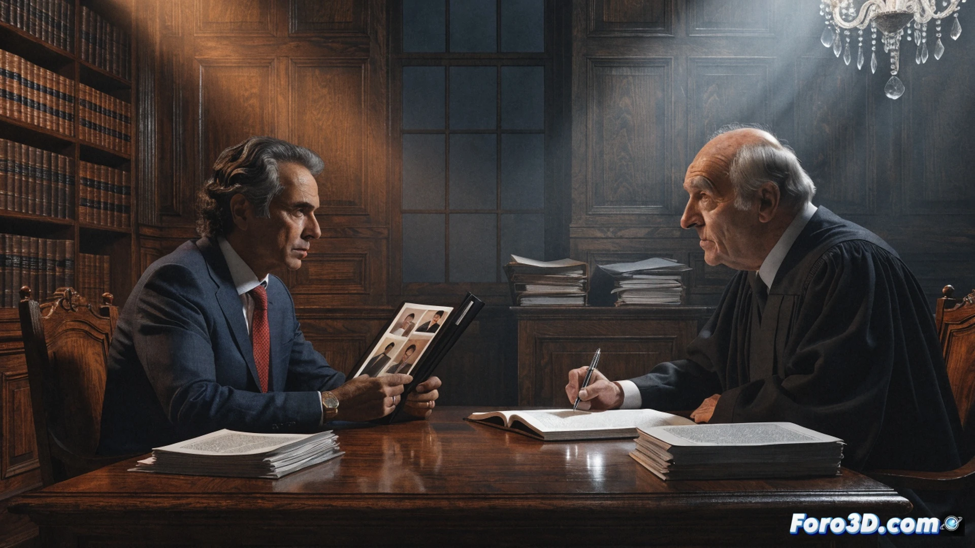 cinematic photorealistic scene of a judge's wooden gavel striking a polished desk, a stack of official documents with a plane silhouette watermark being examined under a magnifying glass, a blurred figure of a former politician in a dark suit walking away through a hallway of glass office doors, financial charts and a small model jet on the desk, dramatic side lighting casting long shadows, ultra-detailed wood grain and paper texture, tense legal atmosphere, technical illustration style