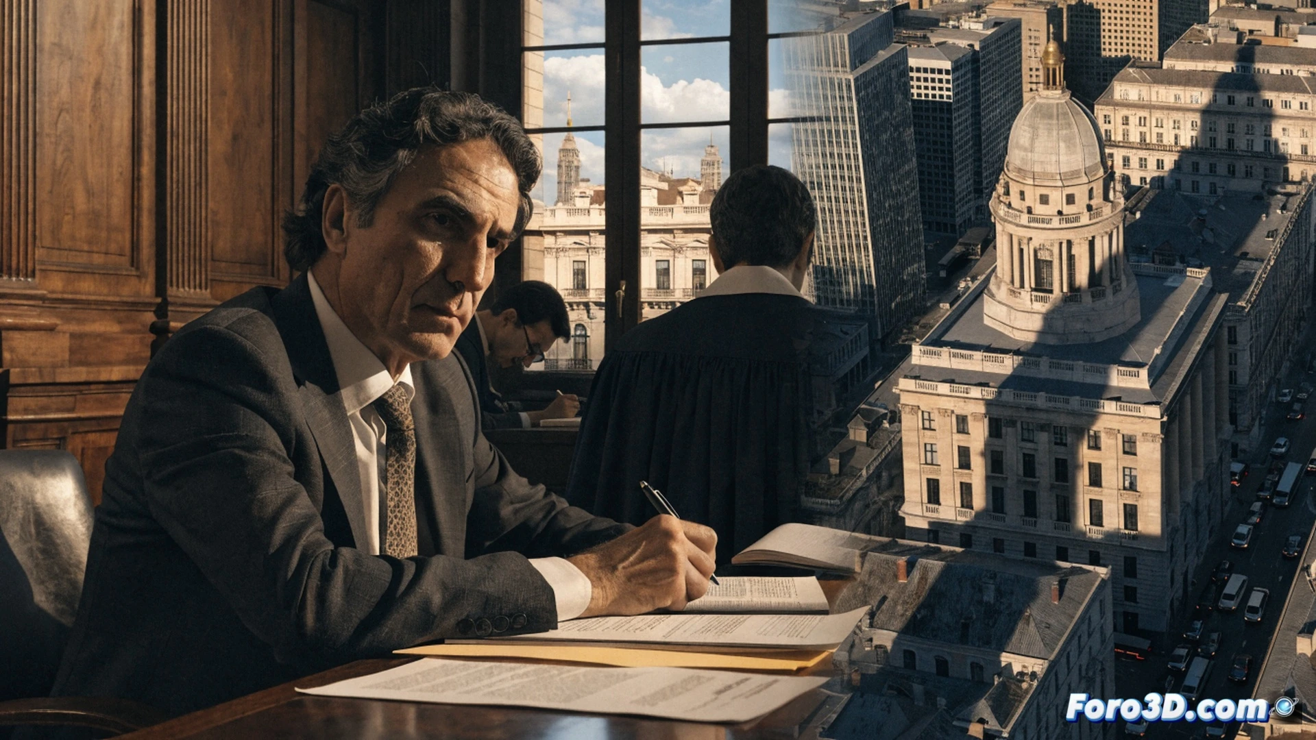 Zapatero standing in a dim judicial chamber, hand on a wooden table, facing a judge behind a desk, a gavel resting on legal documents, a broken scale of justice tilted on the floor, shadows of institutional pillars stretching across the room, a visible crack running through the marble floor, courtroom clock stopped at a critical moment, cinematic photorealistic visualization, dramatic chiaroscuro lighting, dark blue and grey tones, dust particles suspended in air, ultra-detailed textures of wood and stone, technical scene showing erosion of credibility