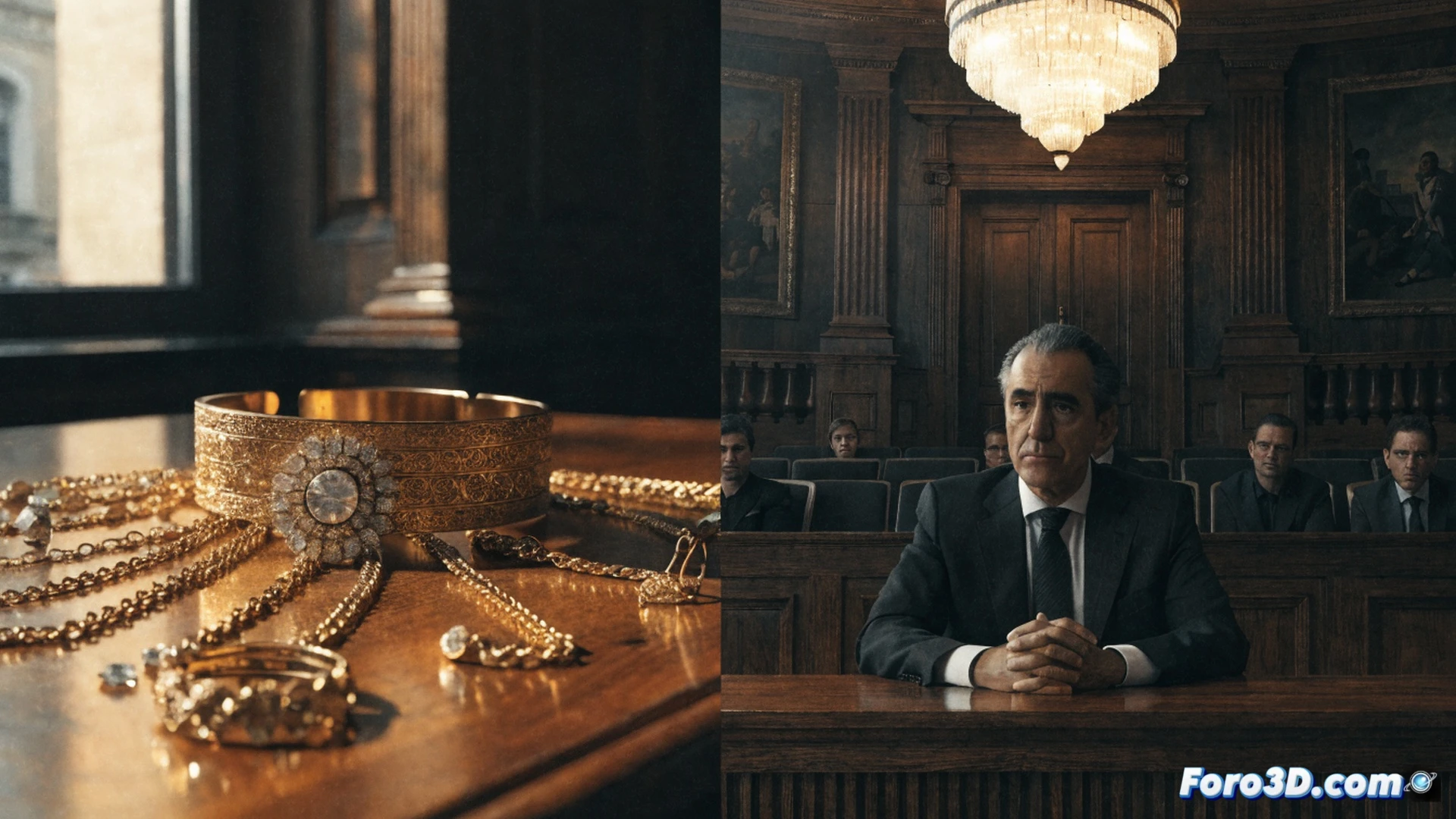 close-up of a judicial bench in a dimly lit courtroom, a polished wooden desk with a metal briefcase slightly open revealing stacked documents and a velvet pouch spilling gold chains and gemstone rings, a single microphone on the stand with a red recording light off, shadows of a man in a suit sitting motionless, hands folded, not speaking, technical forensic lighting casting sharp angles, photorealistic legal investigation scene, ultra-detailed textures of wood grain, metal, and fabric, cinematic tension, no visible text or numbers