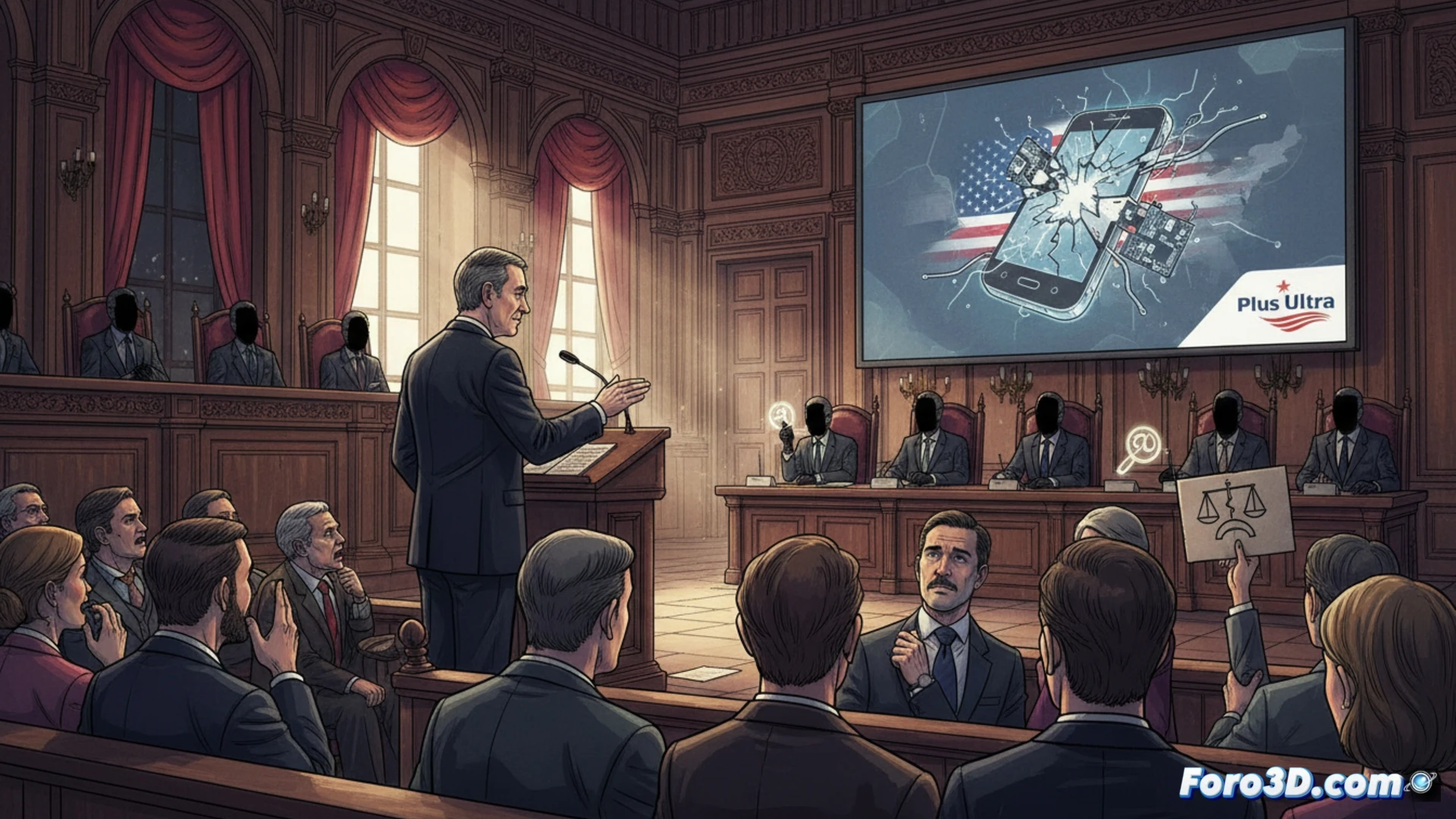 A courtroom scene showing a wooden gavel and a smartphone on a judge s bench, while a shadowy hand reaches from behind an American flag toward the phone s screen, digital data streams flowing between the phone and a laptop labeled with legal document icons, photorealistic technical illustration, dramatic chiaroscuro lighting, polished mahogany surfaces, reflections on glass screens, forensic data extraction cables connected to the phone, blurred audience in background, cinematic composition, ultra-detailed textures