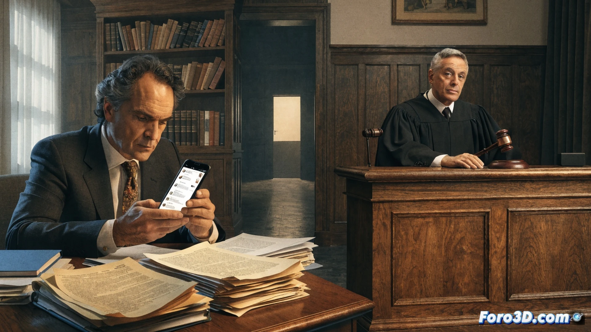 close-up of a police officer typing on a laptop displaying encrypted chat logs, a judge´s gavel resting on stacked legal documents, a smartphone screen with a lock icon and blurred conversation bubbles, forensic software interface showing file extraction progress, dark wood desk, dramatic overhead spotlight casting shadows, photorealistic cinematic style, tension between surveillance and privacy, metallic handcuffs partially visible in background