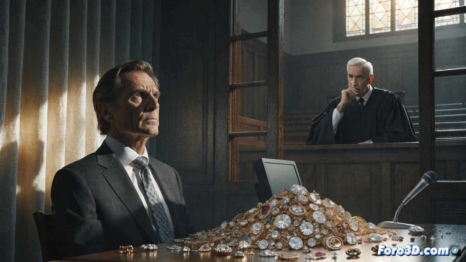 A judge’s gavel striking a wooden block, a pair of opulent gold earrings and a diamond necklace lying on a polished mahogany table, a magnifying glass hovering over a financial document with a red opacity stamp, a computer screen displaying a blurred bank account interface, dark judicial robes in background, cinematic photorealistic technical illustration, dramatic courtroom lighting, deep shadows, high-contrast metal reflections, polished wood grain details