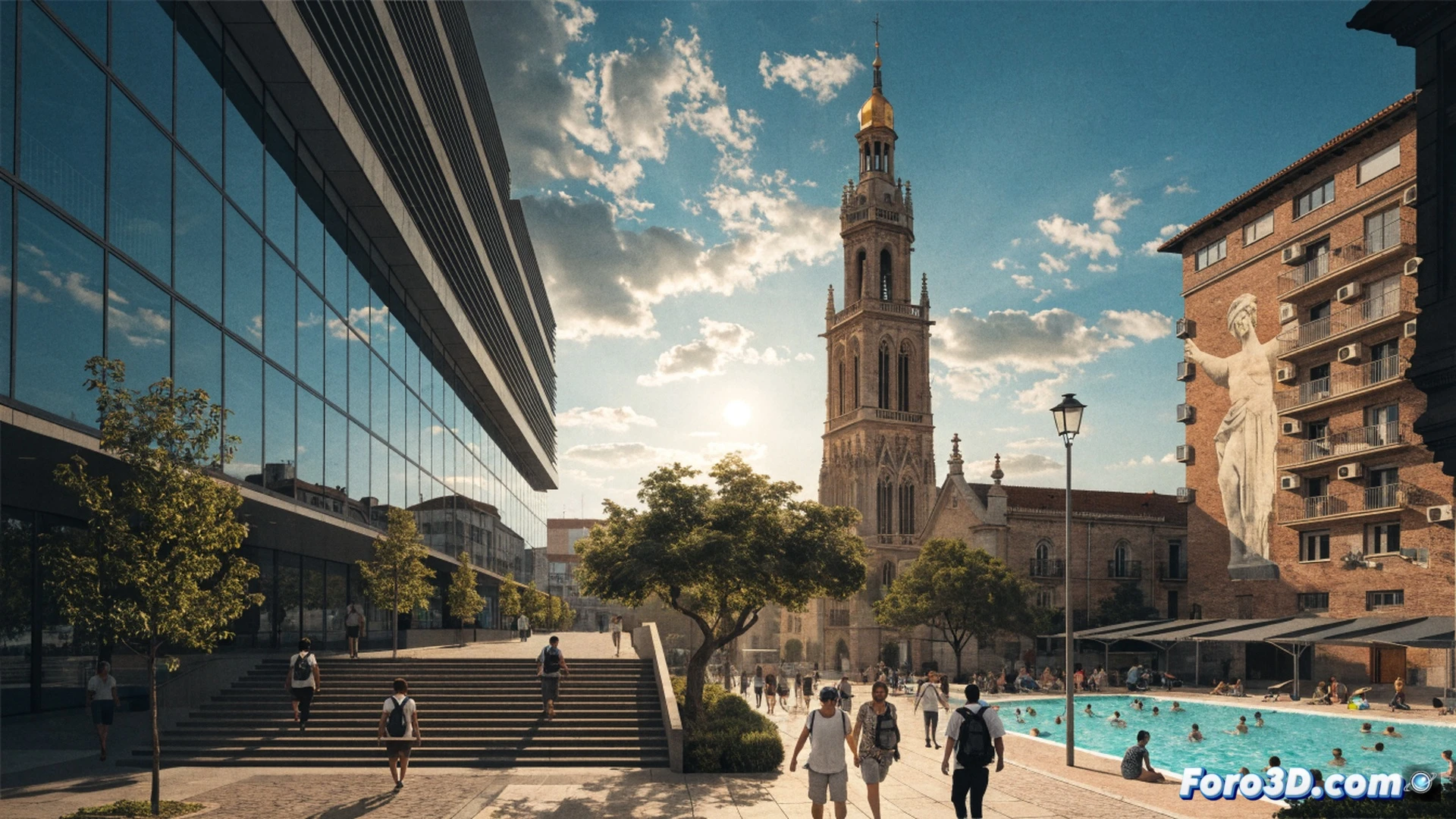 aerial view of Zaragoza city rooftops under intense midday sun, digital thermometer display on municipal building showing 42 grados, empty swimming pool with half-price sign at entrance, firefighters extinguishing a small brush fire near urban park, smoke rising against hazy orange sky, heat waves distorting distant buildings, cinematic photorealistic technical illustration, dramatic lighting with harsh shadows, ultra-detailed urban environment, realistic atmospheric haze, sense of extreme heat and emergency preparedness