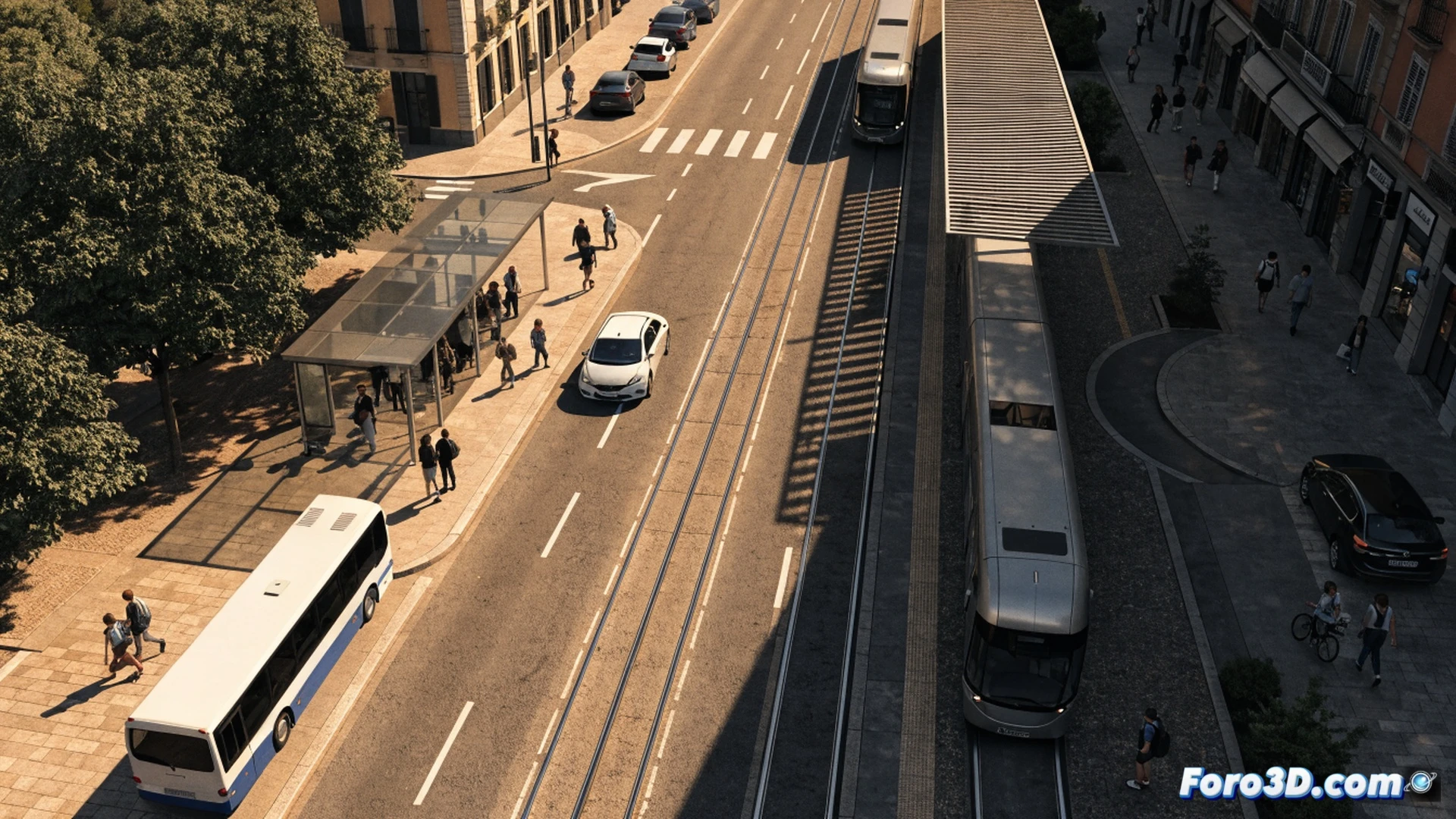 empty bus stop in Zaragoza city center during summer afternoon, digital schedule board showing reduced frequencies, one Avanza bus arriving with few passengers, tram passing in background with extended headways, heat haze rising from asphalt, cinematic urban engineering visualization, photorealistic infrastructure detail, warm golden hour lighting casting long shadows, automated traffic sensors on poles monitoring empty lanes, realistic public transport scene with reduced operational rhythm