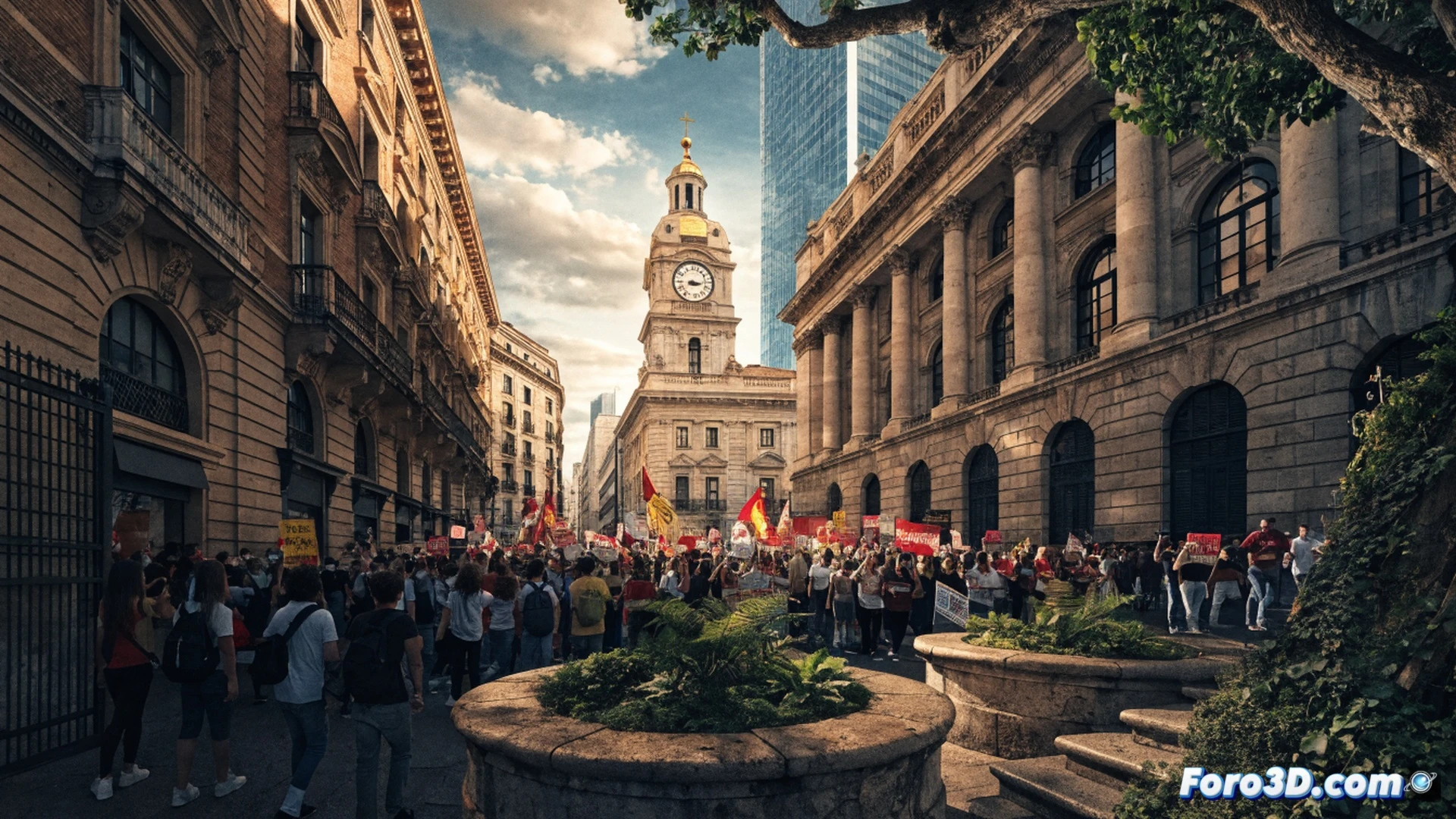 Cientos de manifestantes con pancartas coloridas llenan una plaza de Zaragoza al atardecer, mostrando familias, docentes y alumnos alzando carteles en defensa de la escuela pública, mientras un edificio escolar moderno al fondo tiene sus puertas cerradas con un cartel de suspensión cautelar, docentes abrazan a estudiantes durante la concentración, estilo cinematográfico fotorrealista, iluminación cálida de ocaso, banderas ondeando, multitud densa en acción, detalles técnicos de pancartas con tipografía visible, cámara lenta dramática, profundidad de campo amplia, escena de protesta pacífica, texturas de asfalto y ropa, realismo documental.