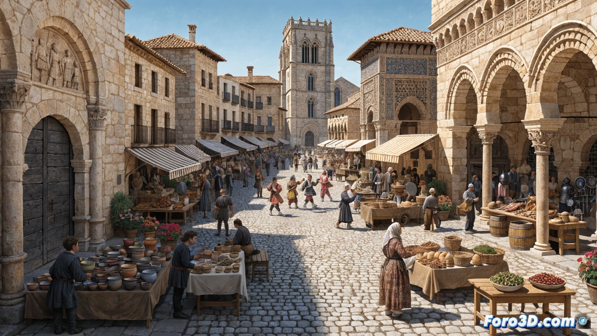 Multitud de zaragozanos recorriendo calles empedradas del casco antiguo bajo sol intenso, más de 130 puestos de artesanía y comida medieval alineados, sombras nítidas sobre losas calientes, familias y artesanos interactuando, toldos de lino ondeando, herramientas de herrería y telares en funcionamiento, jarras de barro y especias expuestas, fotorealismo cinematográfico, luz solar abrasadora contrastando con ropajes históricos, atmósfera vibrante de tradición y resistencia climática, ángulo picado amplio mostrando la escala del mercado