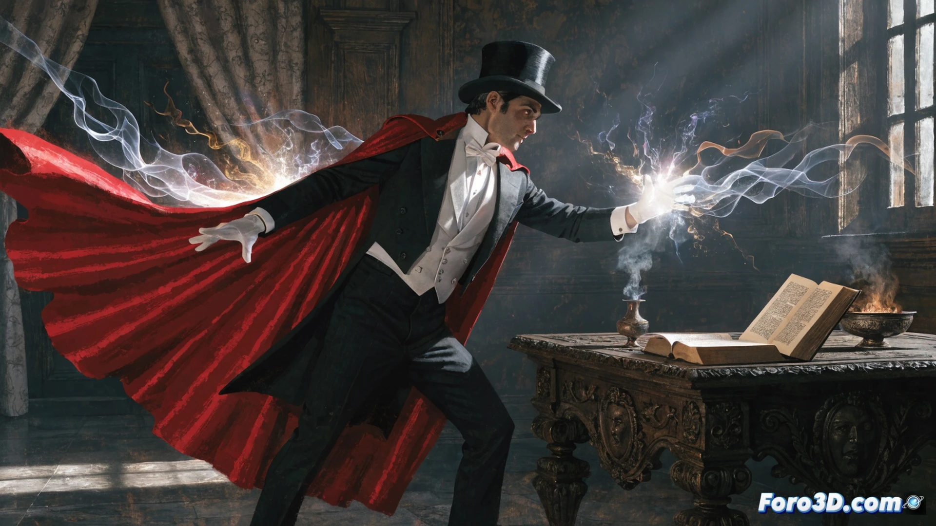 vintage comic book artist desk scene, Zatara vanishing mid-spell, top hat floating in mid-air, playing cards scattering in slow motion, stage spotlight illuminating empty space, technical illustration style, dramatic shadows, ink wash textures, sepia-toned lighting, retro paper grain overlay, theatrical smoke effects, dynamic pose of disappearance, mystical energy trails fading into nothing, detailed cape fabric swirling, 1940s pulp magazine aesthetic, cinematic composition, ultra-detailed hand gestures frozen in time, photorealistic render