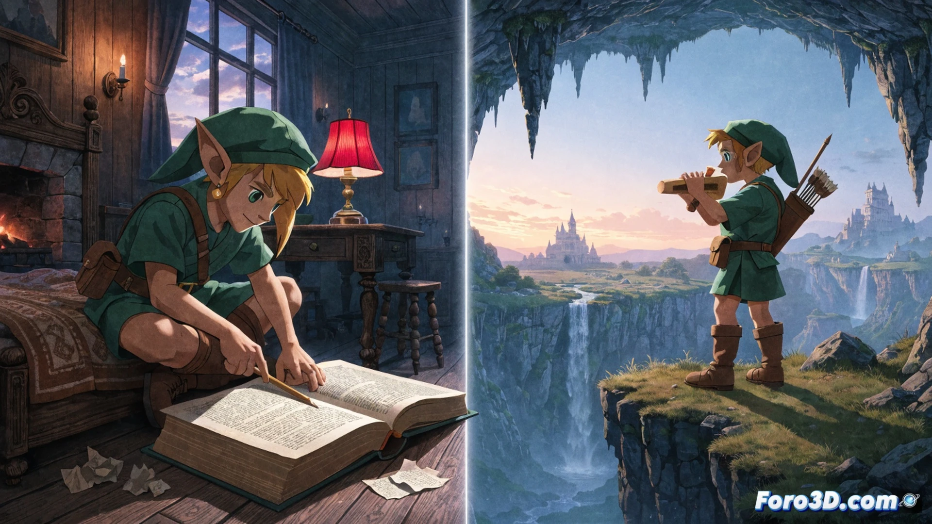 Un jugador sentado frente a un televisor CRT de los 90, sosteniendo un mando de Nintendo 64, con el juego de Zelda Ocarina of Time en pausa mostrando un diálogo en inglés, mientras con la otra mano hojea una guía de papel gruesa de 152 páginas abierta sobre la mesa, con textos traducidos y bocetos de personajes visibles, lápiz y resaltador junto a la guía, luz tenue de la habitación reflejándose en la pantalla, estilo cinematográfico retro, fotorealista, textura de papel amarillento, cables de consola enredados, atmósfera nostálgica de los 90.