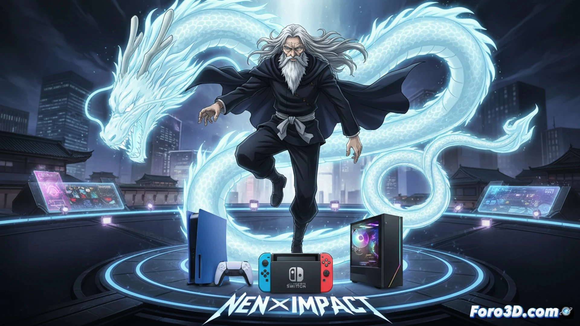 old master Zoldyck in combat stance, aura dragon coiling around his arm mid-strike, precise finger gesture releasing a beam of nen energy, opponent dodging with motion blur, fighting game HUD elements like health bar and combo counter on screen edges, cinematic fighting game render, dramatic lighting with blue and gold aura glow, sharp focus on Zeno's calm expression, dynamic pose with fabric movement, ultra-detailed character textures, photorealistic style, dark arena background with glowing particles