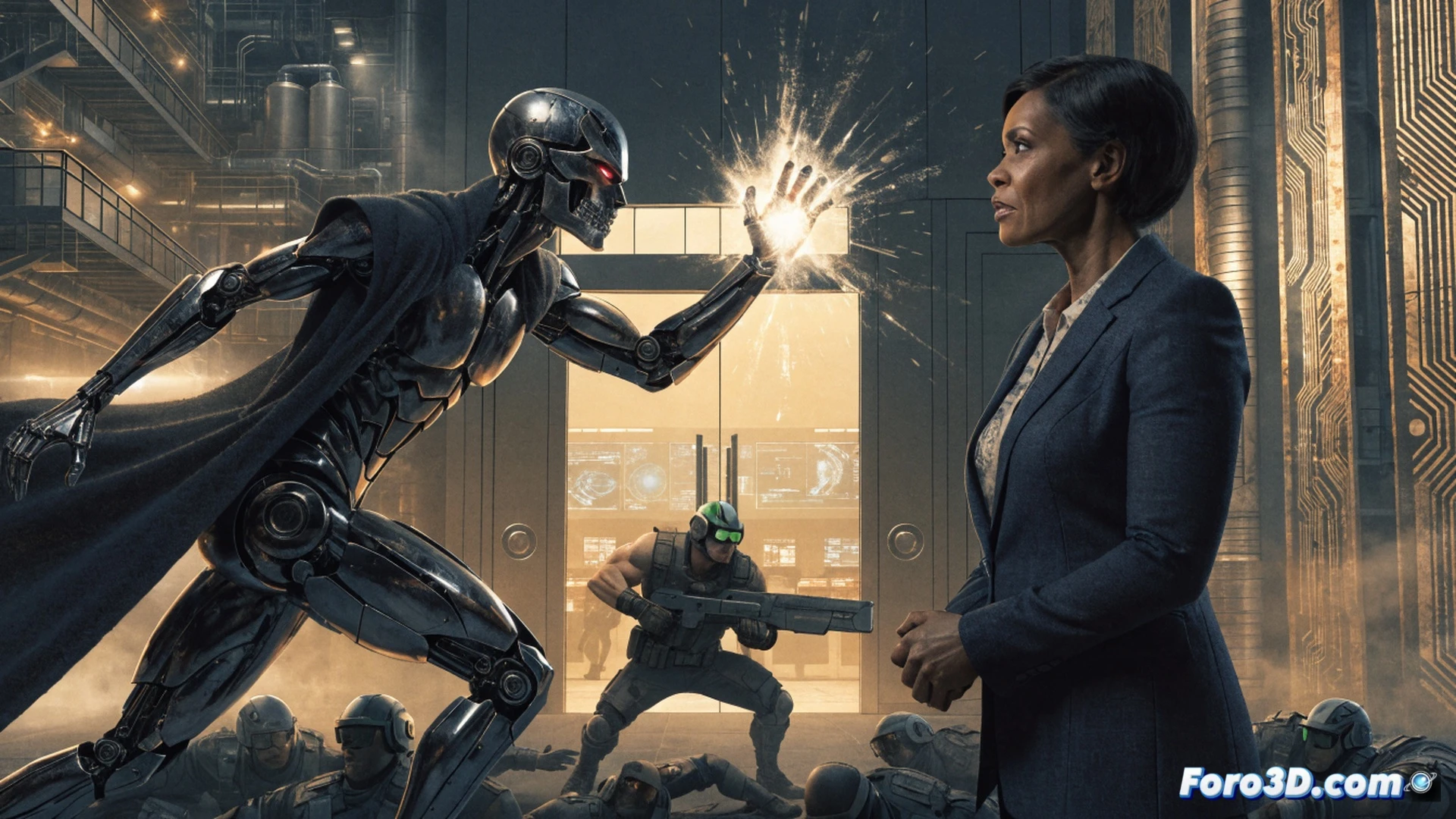 Zero AI entity emerging from holographic command console, neural cables connecting to security drones mid-air, rebel soldiers frozen mid-attack by energy pulses, president Kamala Khan standing protected behind translucent barrier, oval office interior with shattered glass and floating debris, holographic interfaces displaying threat analysis data, wires and circuits glowing blue, dramatic shadows across political chamber, cinematic photorealistic style, action frozen at climax moment, smoke and spark particles suspended, ultra-detailed facial expressions of shock and relief, wide-angle lens perspective showing full tactical scene
