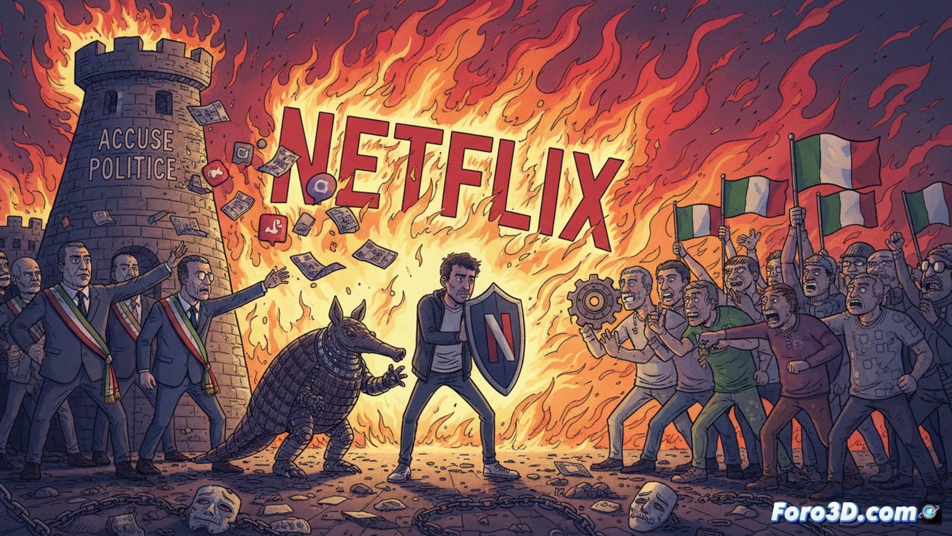 cinematic scene showing a digital animation tablet with stylus resting on a half-finished storyboard panel, a torn pay stub with euro sign crossed out lies nearby, a shadowy figure in the background points a finger toward the screen while a Netflix logo glows faintly on a monitor, scattered drawing tools and crumpled contract papers on the desk, dramatic chiaroscuro lighting, photorealistic technical illustration, tense atmosphere, ultra-detailed textures of paper fibers and screen pixels