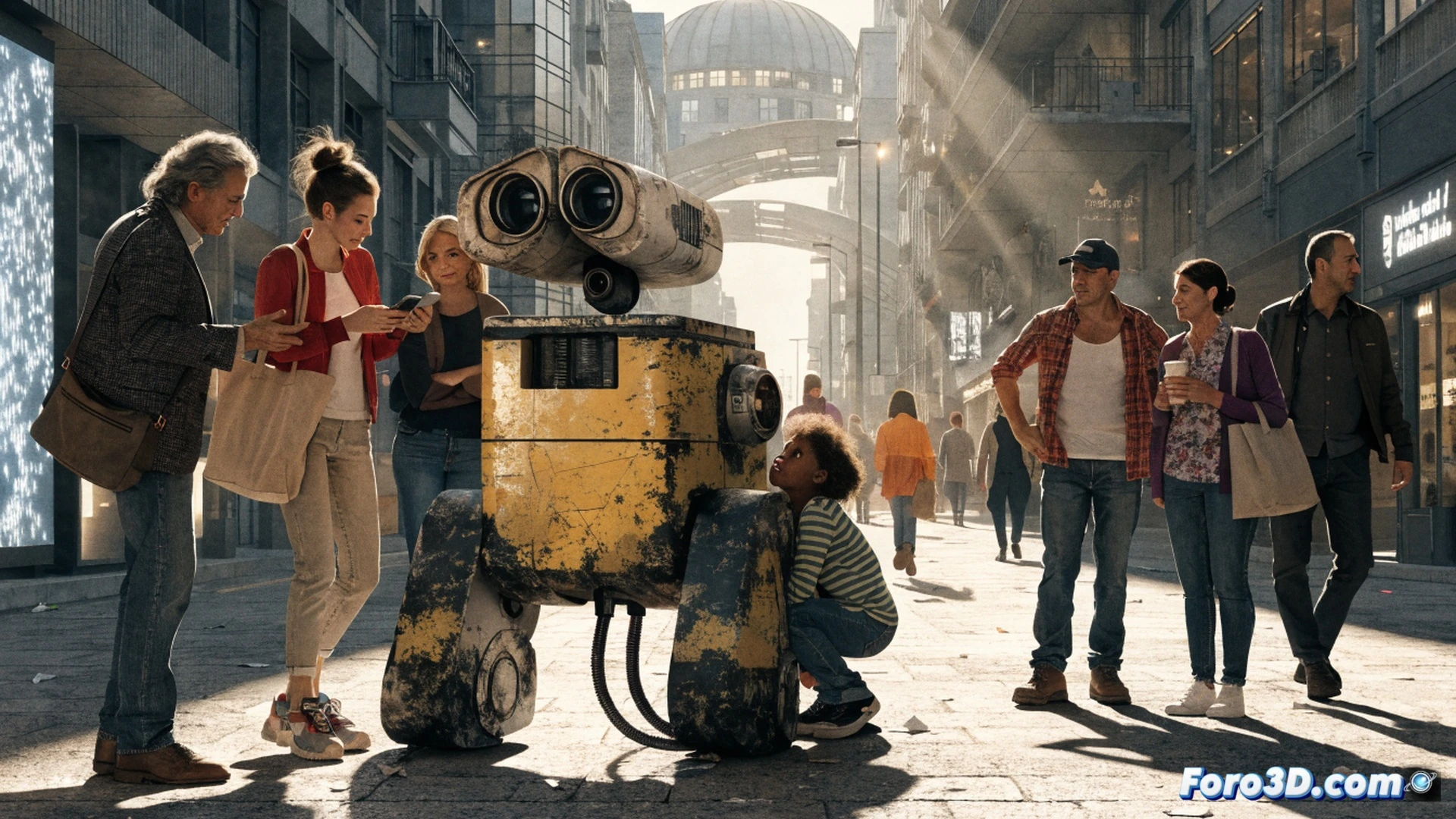 two robots facing each other in a dim workshop, one rusted and worn like WALL-E with a single glowing eye, the other sleek and polished with a soft blue light on its chest, the polished robot extending a hand toward the rusted one while the rusted robot hesitates, tools and cables scattered on the floor, a holographic interface floating nearby showing a social media feed with no human faces, cinematic photorealistic render, dramatic side lighting, metallic reflections, dust particles in the air, emotional tension, ultra-detailed mechanical textures, empty chairs in the background