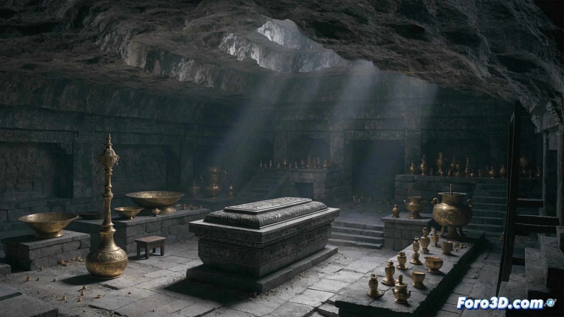 Zhaoling mausoleum mountain cross-section showing underground stone chamber entrance sealed with iron gates, archaeologists in protective gear using ground-penetrating radar and 3D laser scanners on the surface, ancient Tang dynasty architectural elements partially visible through cracks, cinematic engineering visualization, golden sunset light filtering through mist, weathered granite rock textures, survey equipment with glowing digital displays, action of scanning revealing hidden tunnel networks, photorealistic technical illustration, dramatic shadows emphasizing untouched burial chamber depth