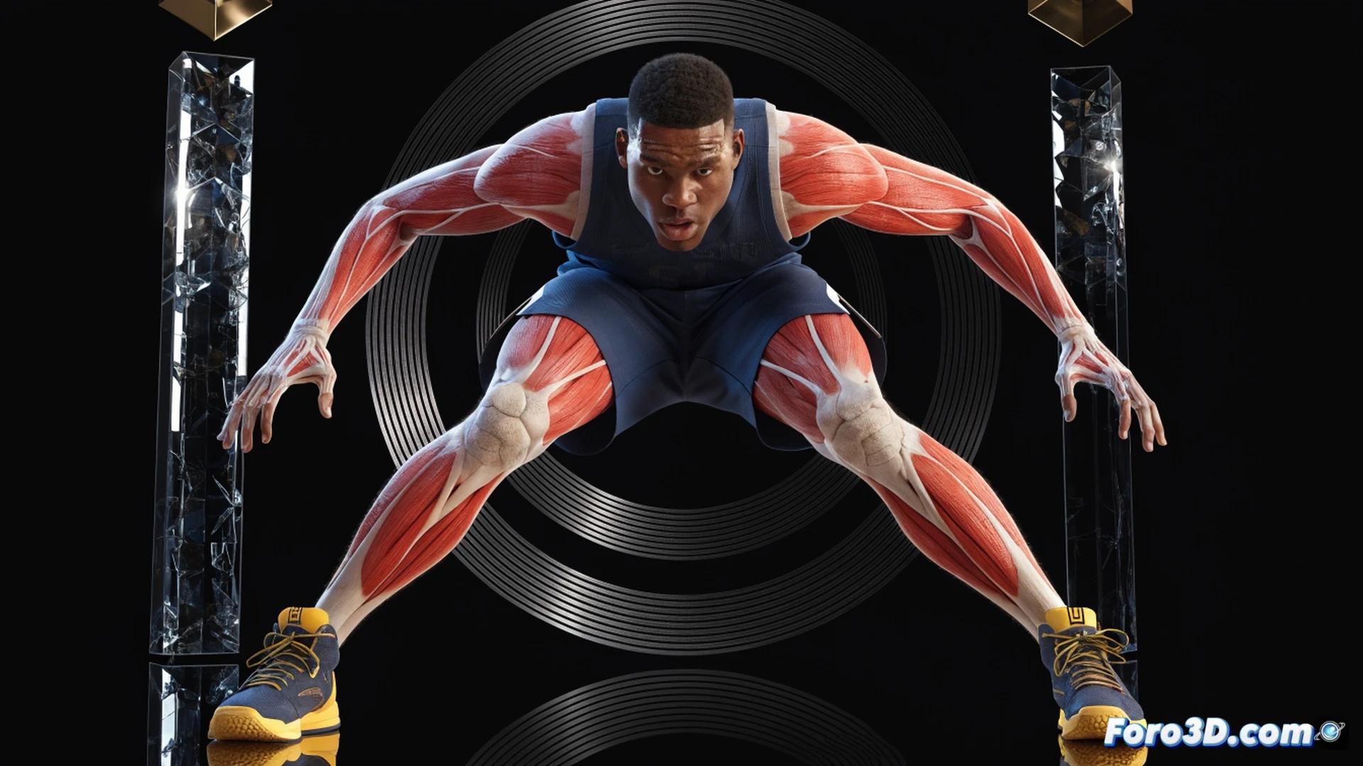 Zion Williamson jumping for a dunk, 3D anatomical layers peeling back to reveal quadriceps and gluteal muscles, low center of gravity highlighted with glowing skeletal markers, biomechanical force vectors tracing explosive power from feet through hips, basketball court background with rim in frame, cinematic sports science visualization, photorealistic muscular detail, golden hour gym lighting, dynamic motion blur on sweat droplets, technical illustration style with translucent muscle and bone overlays