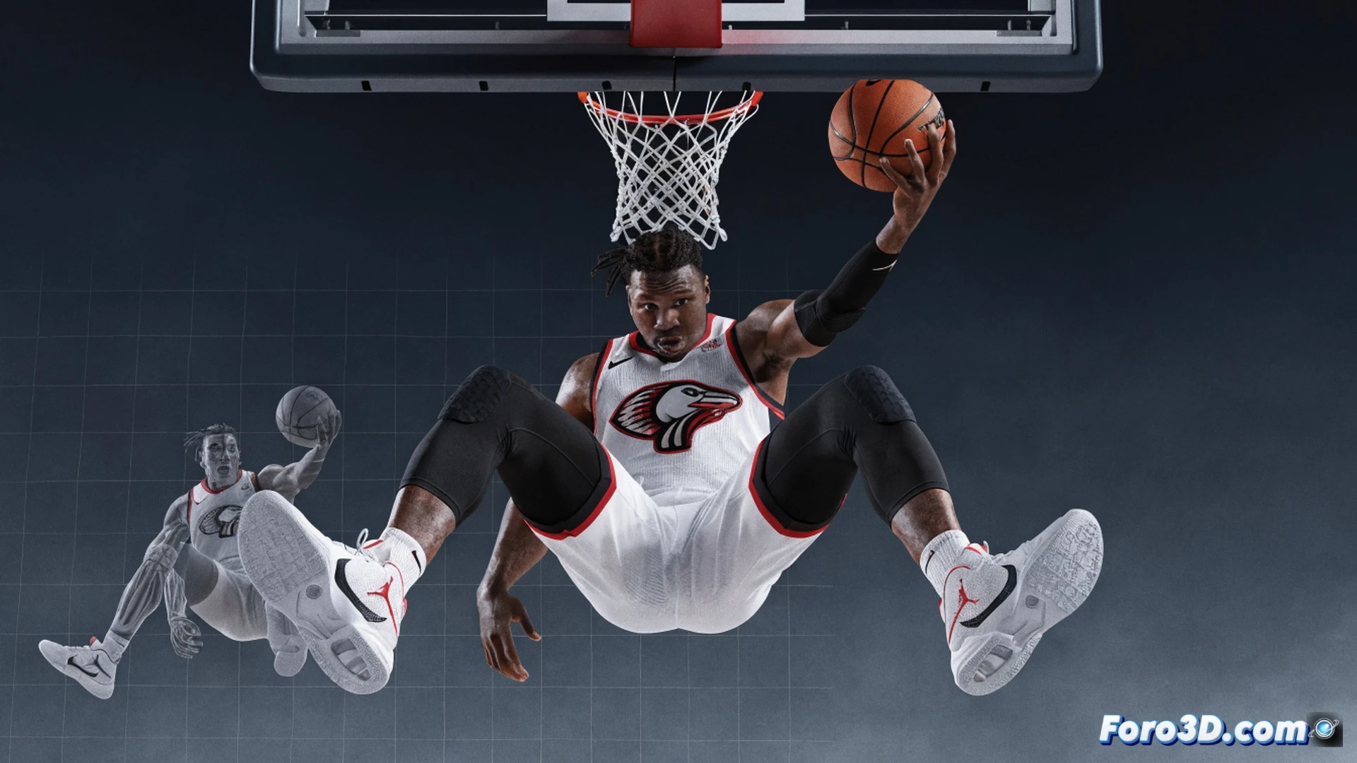 Zion Williamson biomechanics study, mid-air dunk with explosive vertical leap, 3D motion capture skeleton overlay showing joint angles and force vectors, glowing red impact lines from feet, low center of gravity highlighted by blue mass marker, technical engineering visualization, photorealistic muscle and bone rendering, dark studio background, dramatic spotlight from above, sweat droplets frozen in motion, detailed human anatomy with physics data annotations, cinematic sports science illustration