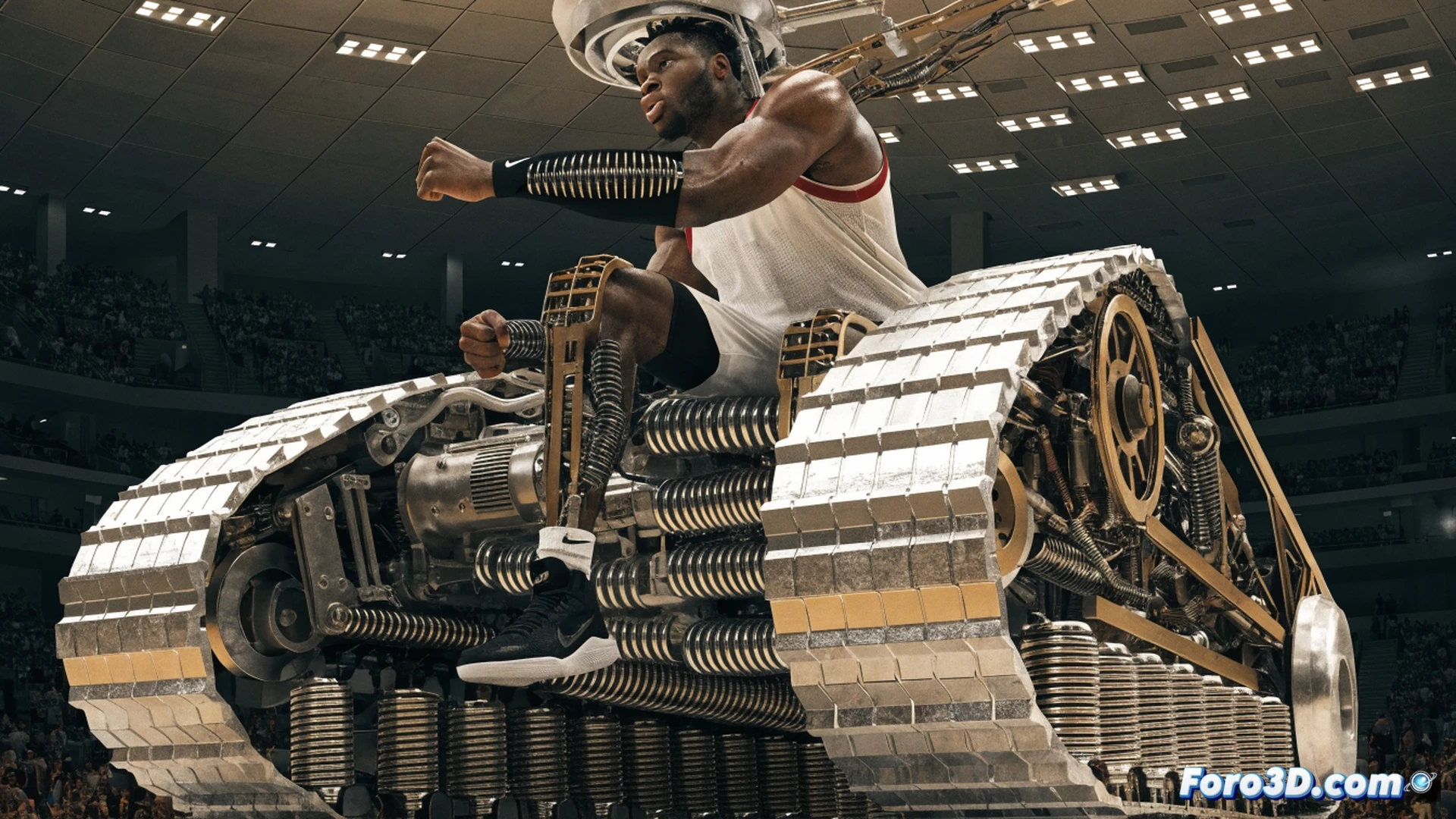 Zion Williamson en pleno salto vertical durante un mate, músculos tensos bajo sudor, centro de gravedad bajo marcado por línea biomecánica roja, fuerza de impacto desde el suelo hacia las zapatillas, gráficos de distribución de peso corporal superpuestos, flechas vectoriales de energía cinética fluyendo desde piernas hasta brazos, estructura ósea semitransparente visible en renderizado técnico, fondo de cancha de baloncesto con aro y red, iluminación dramática de estadio, estilo cinematic engineering visualization, photorealistic, ultra-detailed anatomy and physics overlay