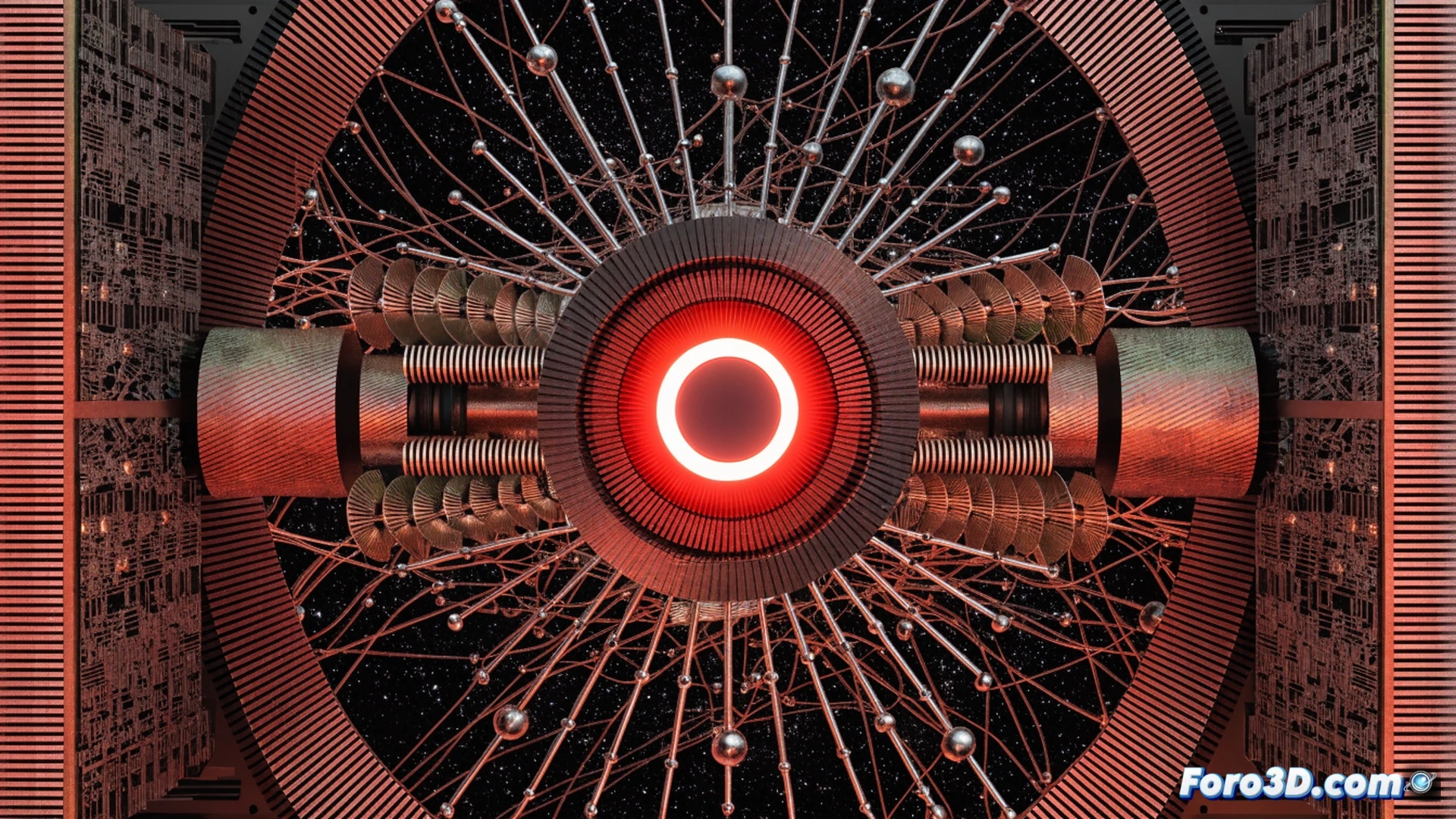 gaming PC interior abierto, placa base AMD con GPU roja y cables visibles, un brazo robótico metálico sostiene una pieza de motor de física marcada con PhysX mientras un holograma de partículas azules se desintegra y flota hacia el disipador, el otro lado muestra un chip Nvidia apagado y desconectado, fondo oscuro con luces LED rojas y azules contrastadas, estilo cinematic technical illustration, iluminación dramática de estudio, texturas de metal y plástico ultrarealistas, polvo brillante suspendido en el aire, profundidad de campo estrecha, render fotorrealista