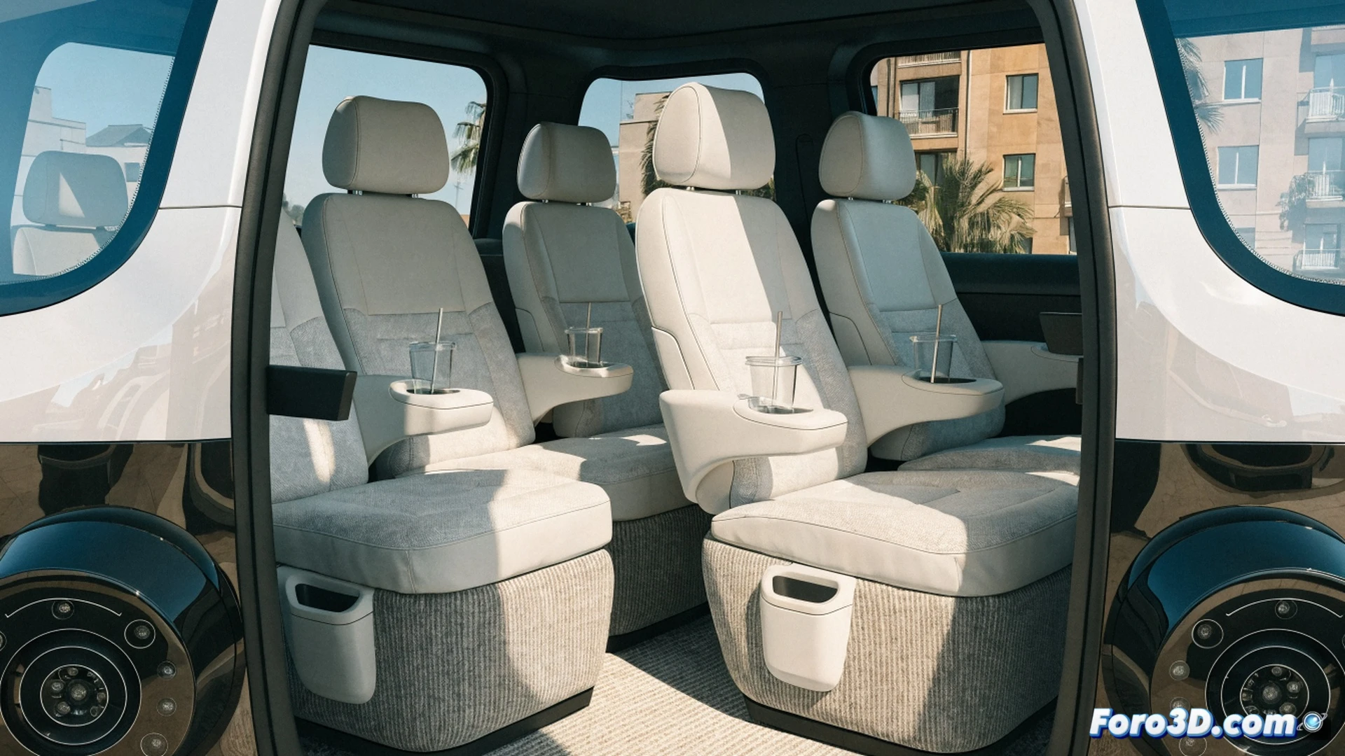 interior shot of Zoox robotaxi passenger cabin, two plush padded seats with light beige upholstery and integrated cupholders, a passenger reaching for a drink from a cupholder during a ride, dashboard displaying autonomous navigation interface with glowing route lines, soft ambient lighting illuminating the spacious cabin, cinematic engineering visualization, photorealistic interior render, sleek minimalist design, subtle reflections on polished surfaces, warm inviting atmosphere, ultra-detailed fabric textures and stitching, realistic glass and metal finishes