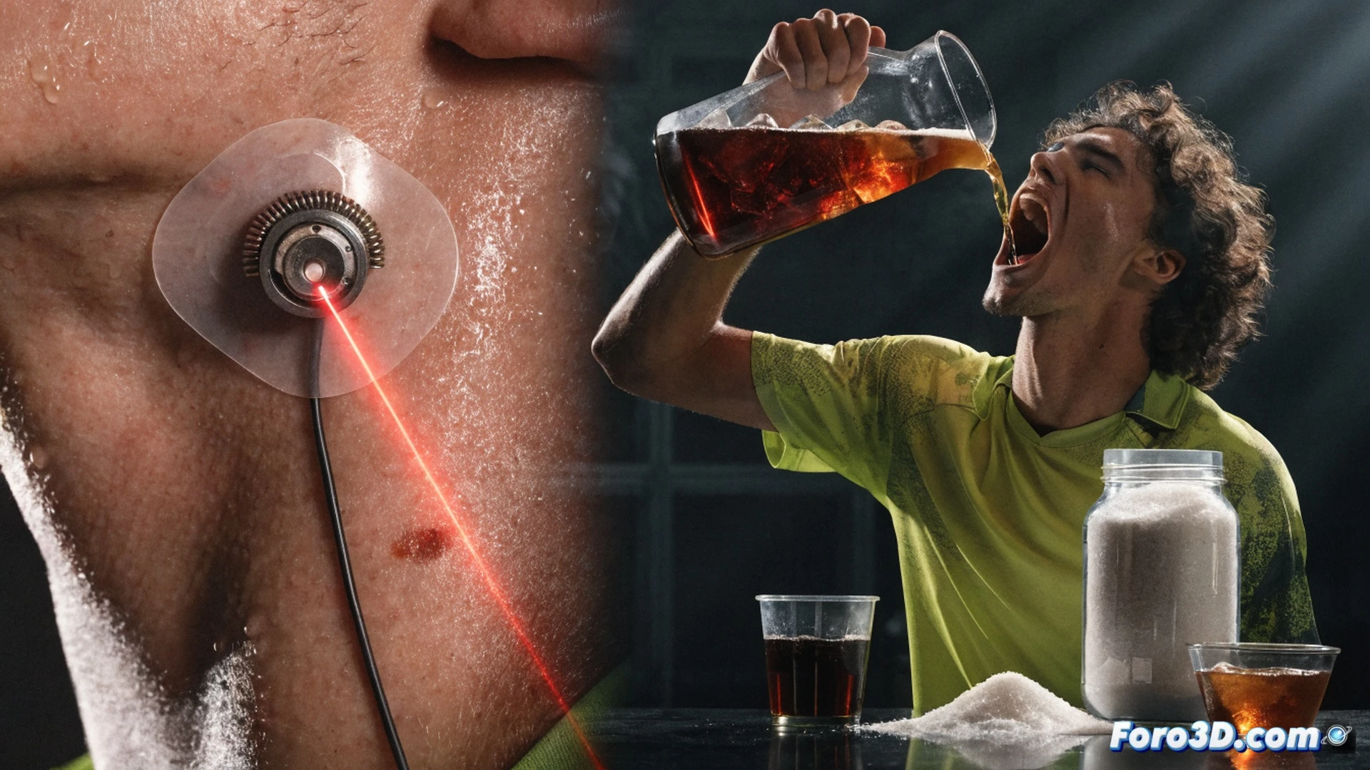 tennis player mid-court action, dropping a glucose sensor device from his wrist, shocked expression while grabbing his abdomen, visible insulin pump on his belt with a warning red light, spilled sugar packets and an open energy gel on the court surface, blurred background of packed stadium stands, cinematic sports photography style, dramatic side lighting, sweat droplets frozen in motion, photorealistic technical render, high contrast shadows, ultra-detailed skin texture and fabric folds