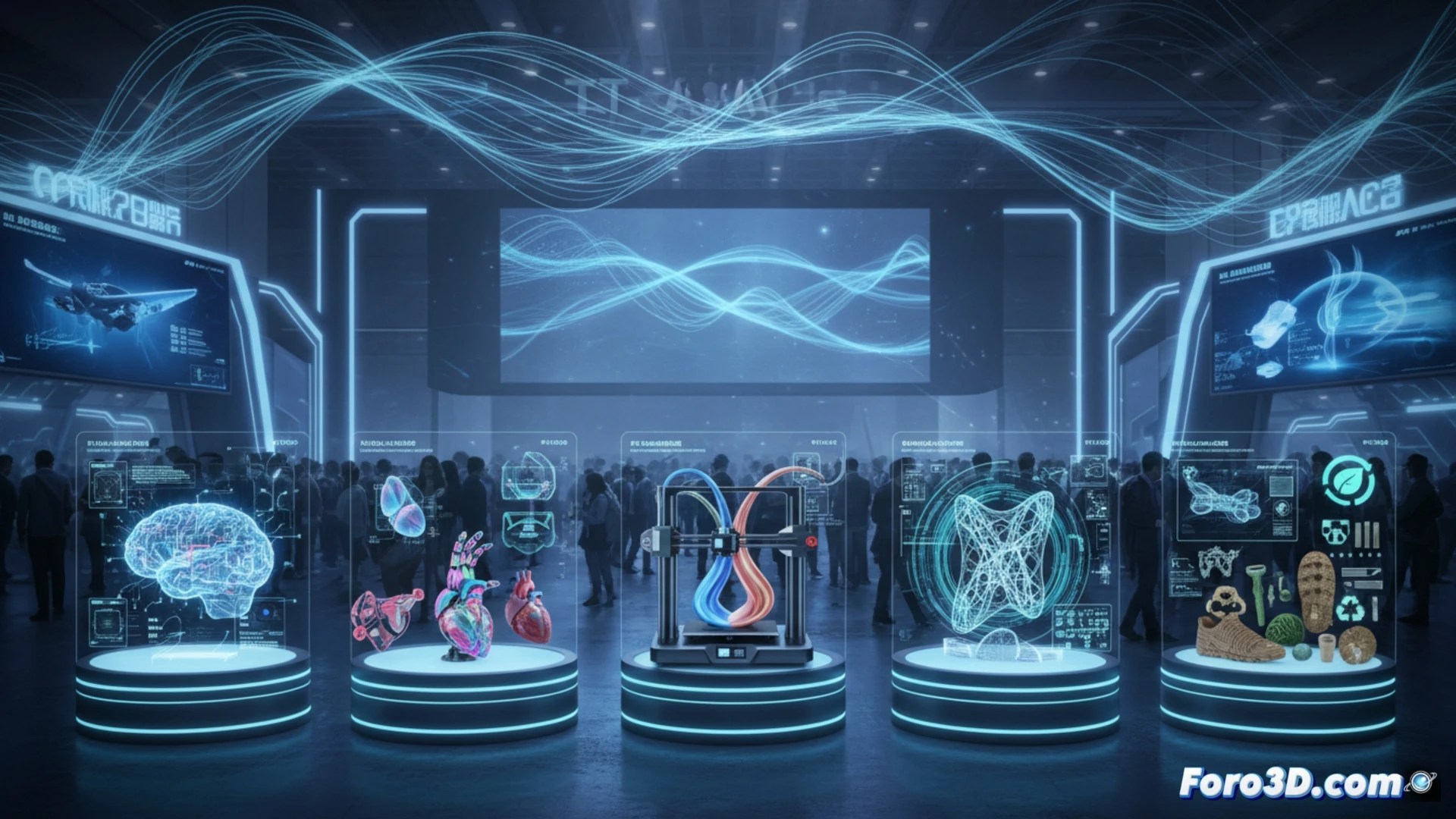 Un modelo 3D complejo y colorido emerge de una impresora industrial, simbolizando las tendencias avanzadas de fabricacion aditiva.