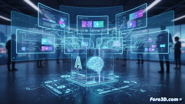 Un diagrama de flujo muestra a un agente de IA investigando, planificando y generando una presentación HTML en una pantalla de ordenador.