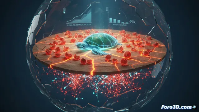 Visualización 3D del colapso: tortugas verdes y temperatura
