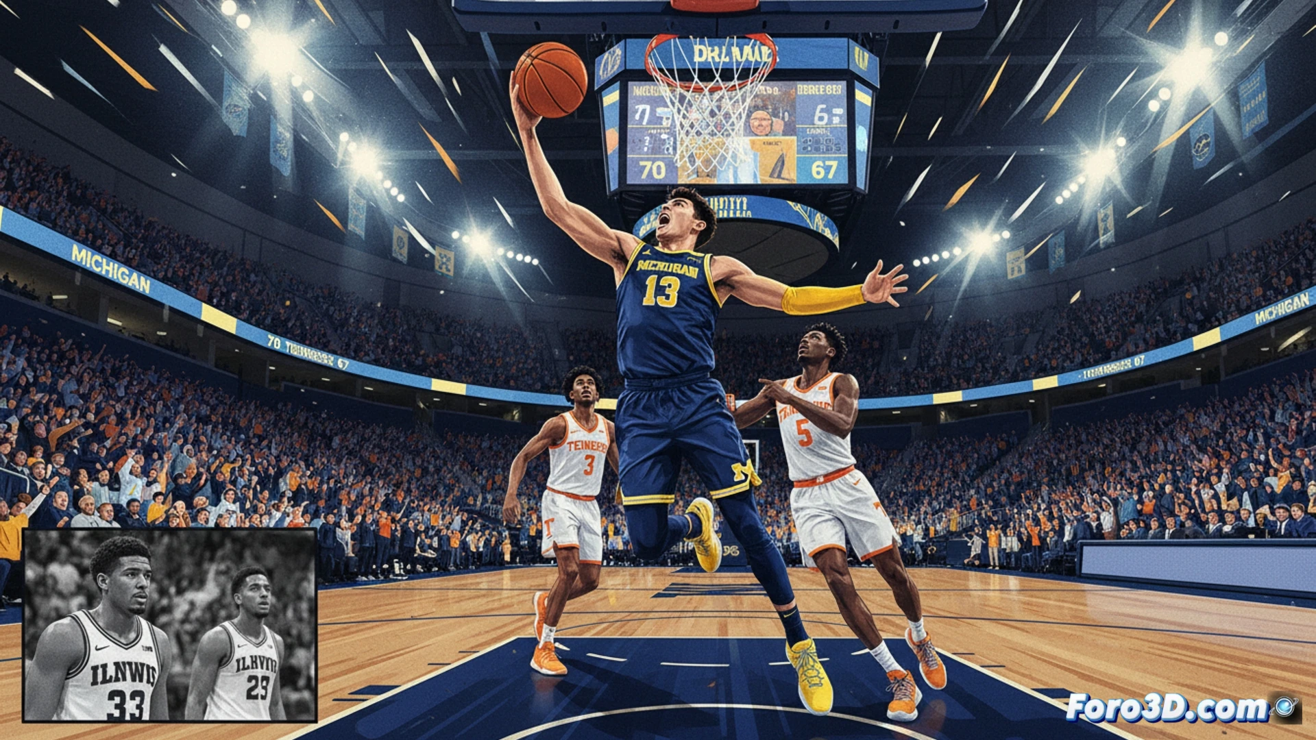 Reconstruccion 3D de Aday Mara en accion, mostrando su posicionamiento y movimientos clave durante un partido de la NCAA.