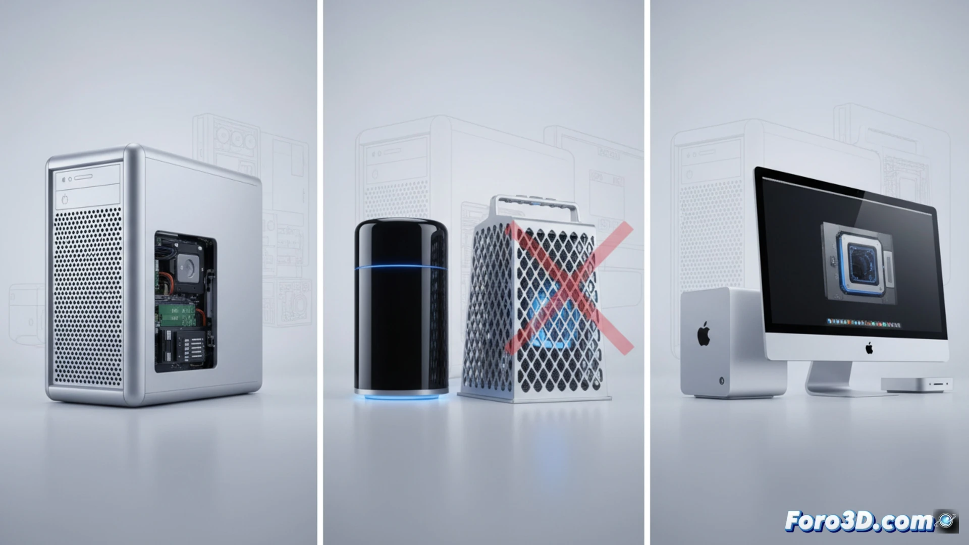 Un Mac Pro clásico en un estudio de diseño 3D, junto a los nuevos Mac con Apple Silicon, simbolizando el cambio de era.