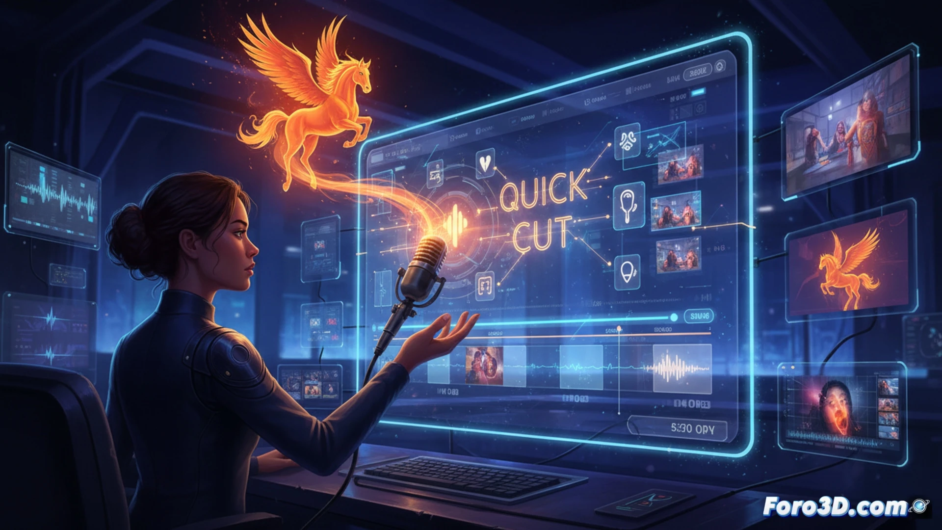 Una persona habla a su computadora mientras en pantalla se ensambla un video automáticamente, ilustrando el comando de voz de Adobe Firefly Quick Cut.