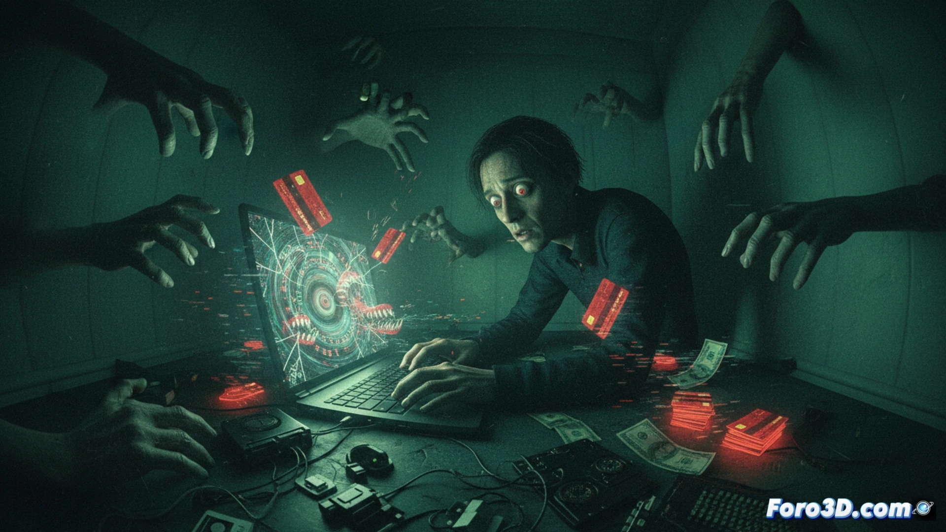 Grafico de precios de GPU en caida junto a un artista 3D pensativo frente a su ordenador, con calendario marcando los proximos meses.