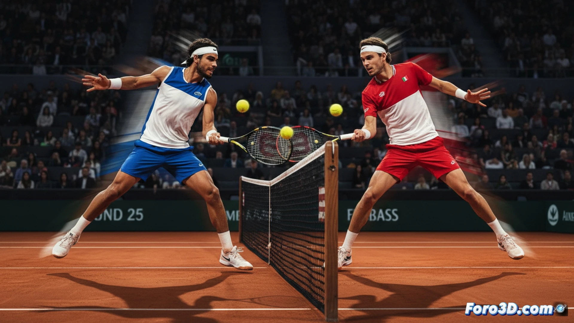 Modelo 3D de Alcaraz y Sinner en pleno golpeo, con trayectorias de pelota y datos biomecanicos superpuestos.