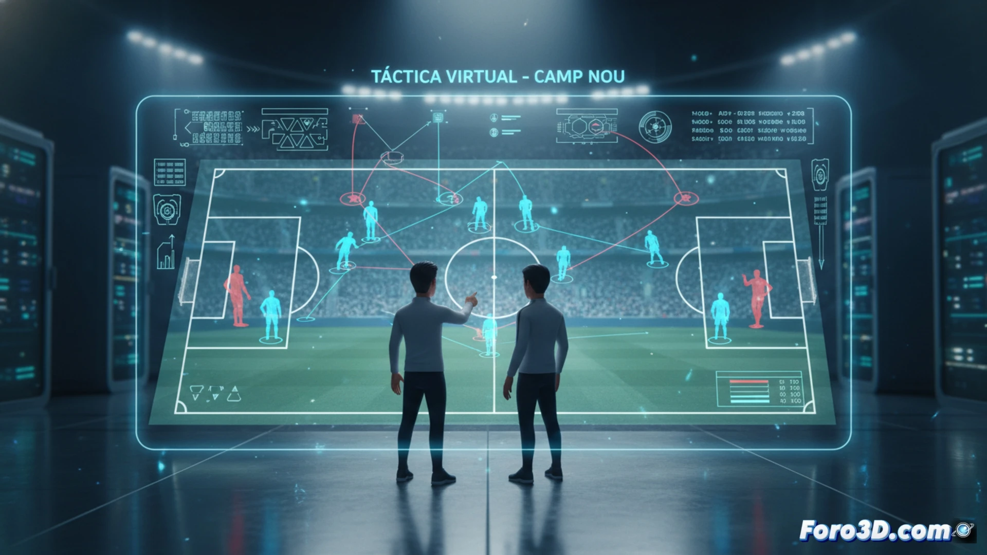 Entrenador analiza partido en pantalla 3D interactiva, con jugadores virtuales en un modelo detallado del Camp Nou.