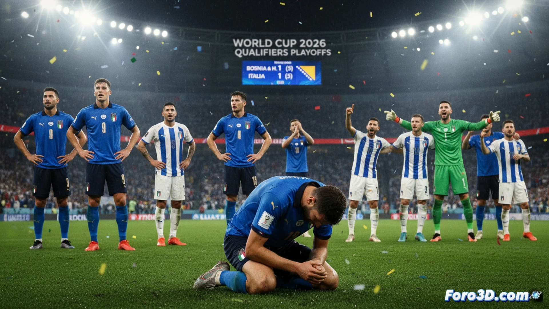 Reconstruccion 3D del estadio mostrando la formacion italiana y el movimiento clave previo al gol de Bosnia.