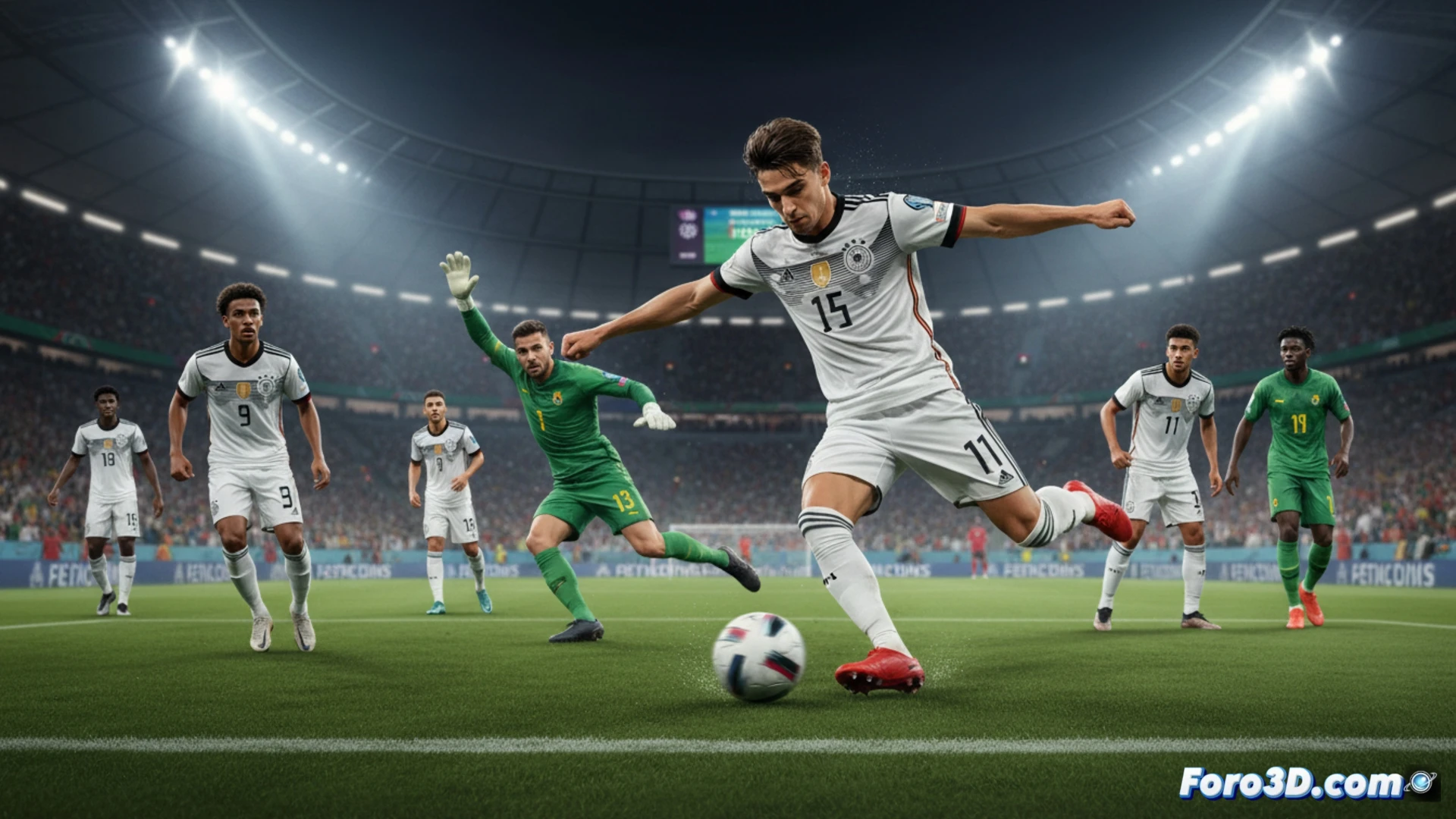 Reconstruccion 3D del movimiento tactico del equipo aleman durante un partido de preparacion para el Mundial.