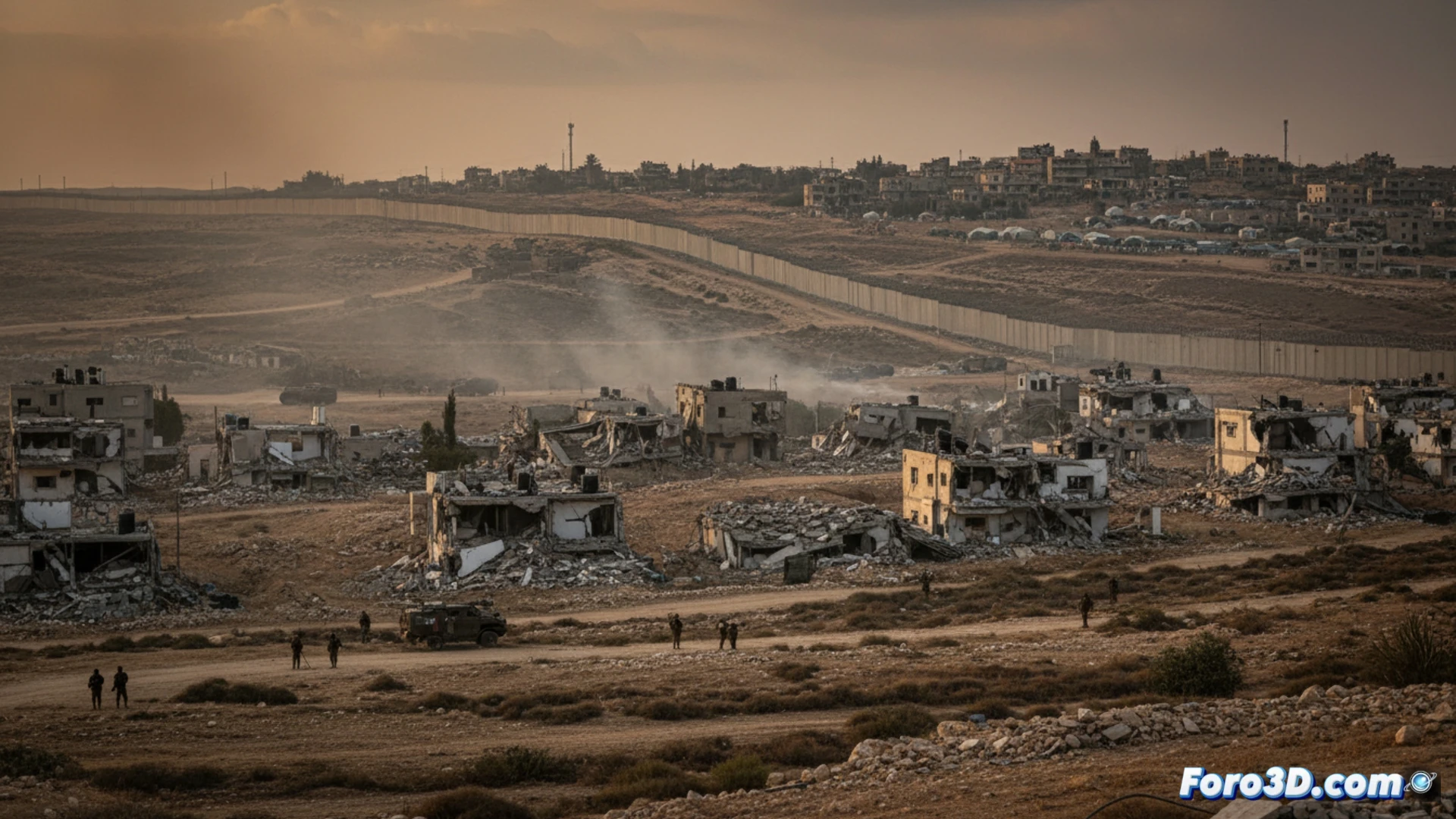 Modelo 3D del terreno fronterizo Israel-Libano con edificios destacados y simulacion de zona despejada.