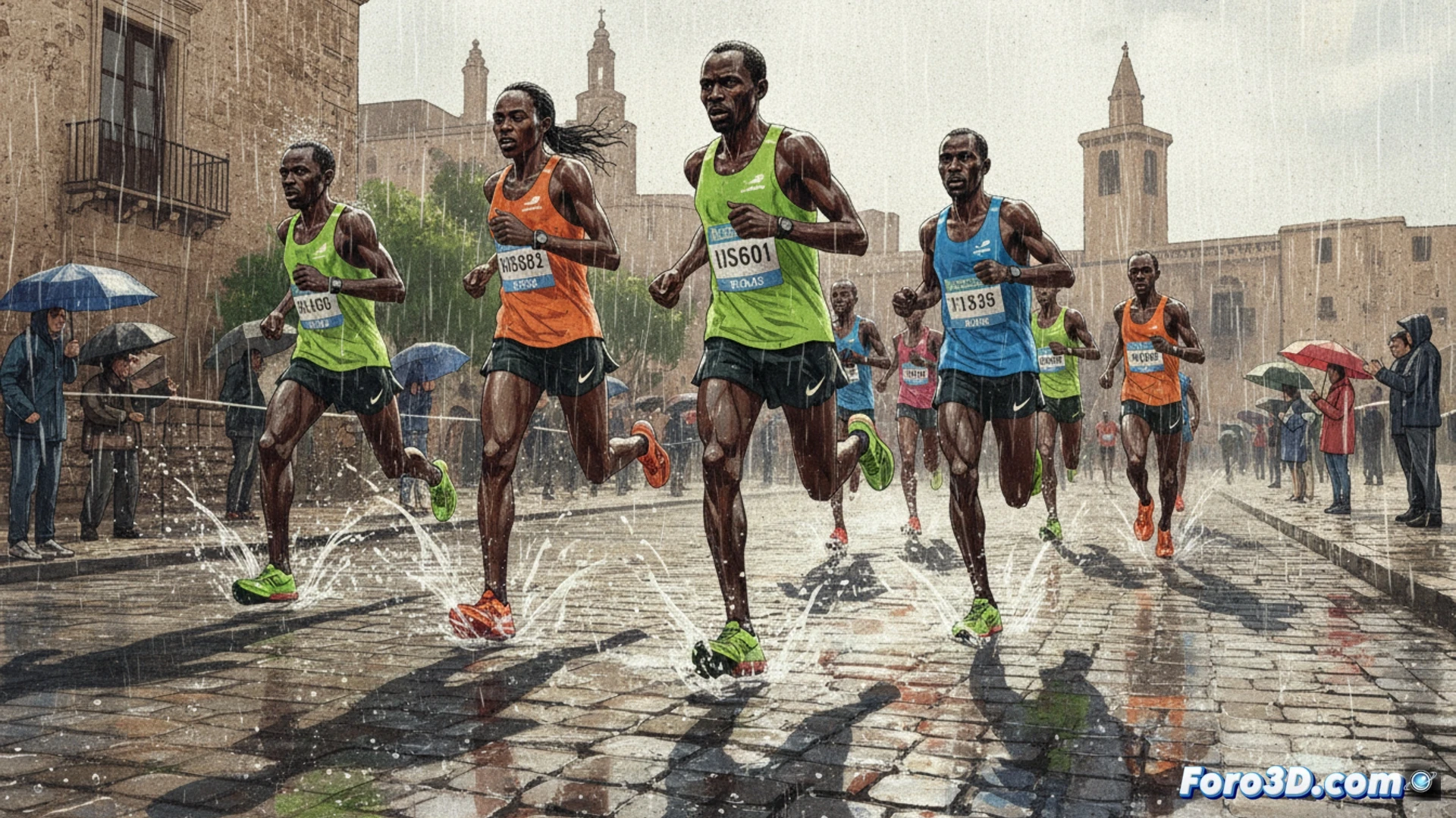 Atleta compitiendo bajo intensa lluvia en un circuito, con superposiciones de datos biomecánicos y análisis 3D de su zancada.